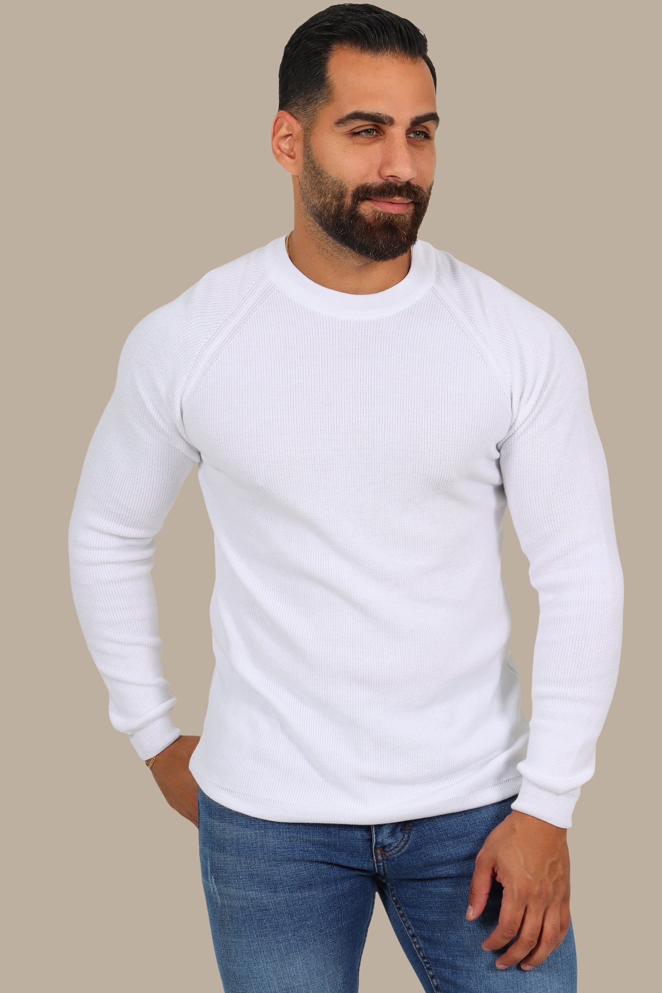 White Round Neck Sweater with Shoulder Cup