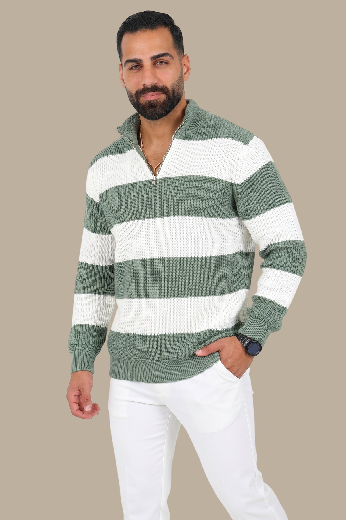 Half-Zip Sweater Mercerized Wide Stripes Light Green