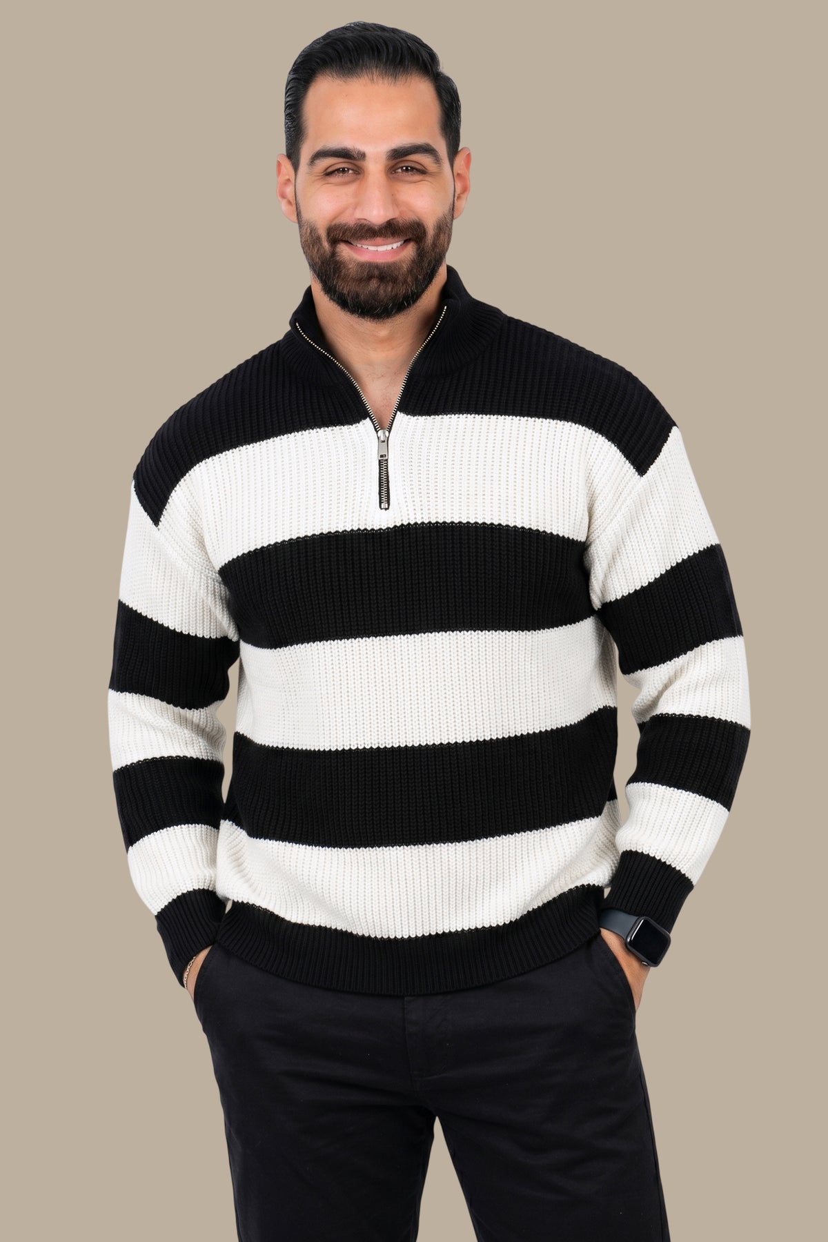 Half-Zip Sweater Mercerized Wide Stripes Black