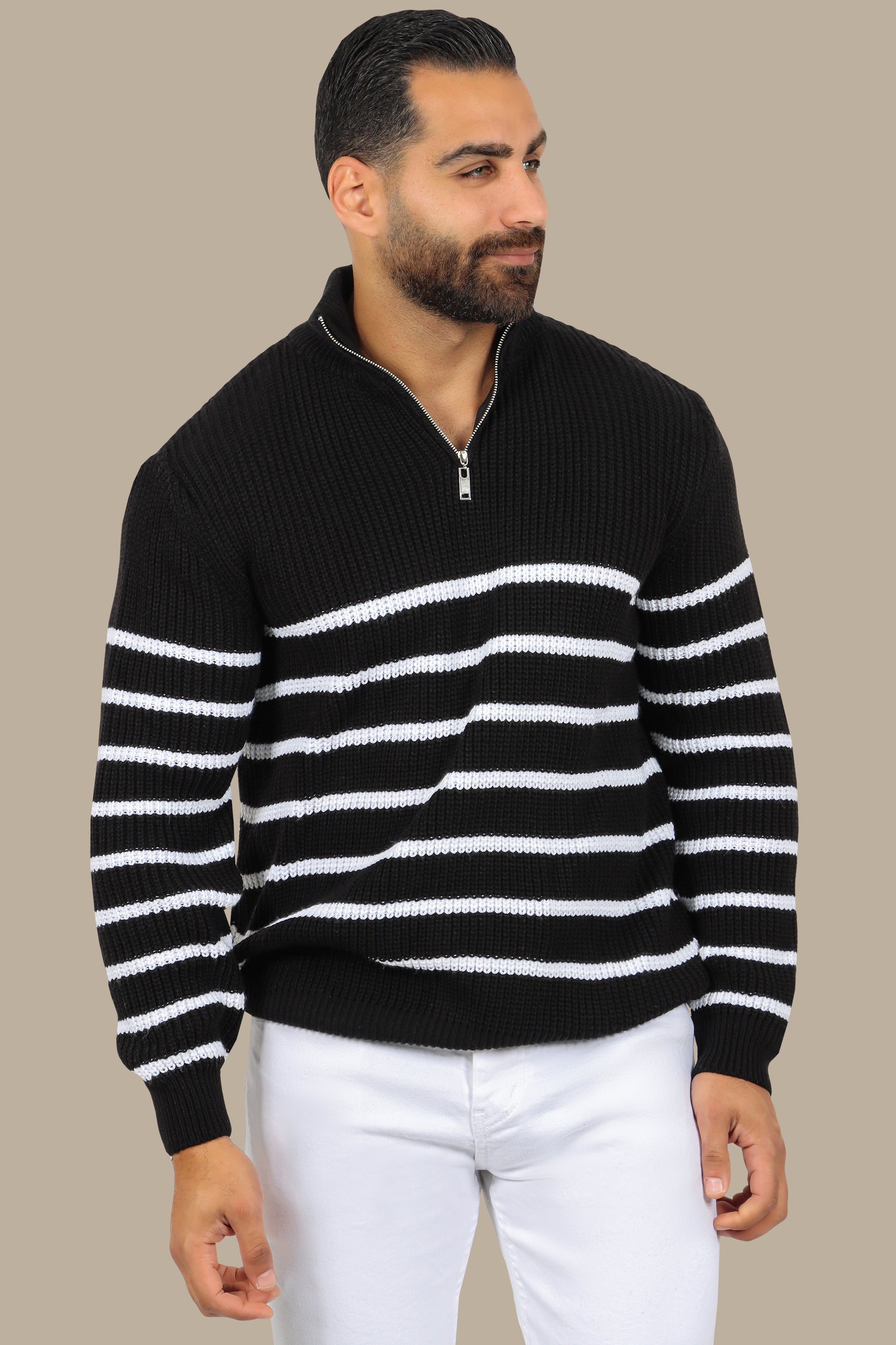 Black Half-Zipper Mercerized Sweater with Small Stripes