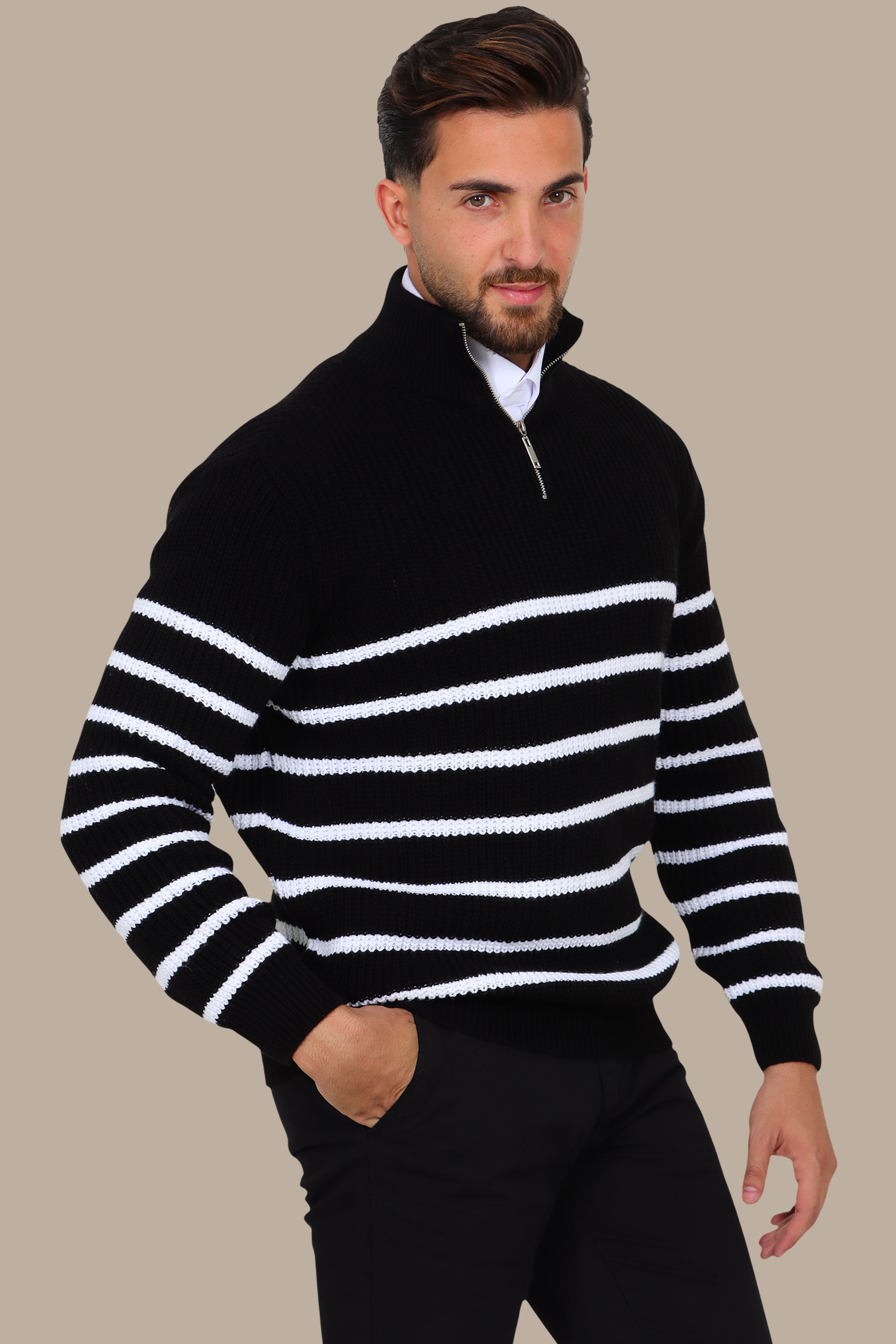 Black Half-Zipper Mercerized Sweater with Small Stripes
