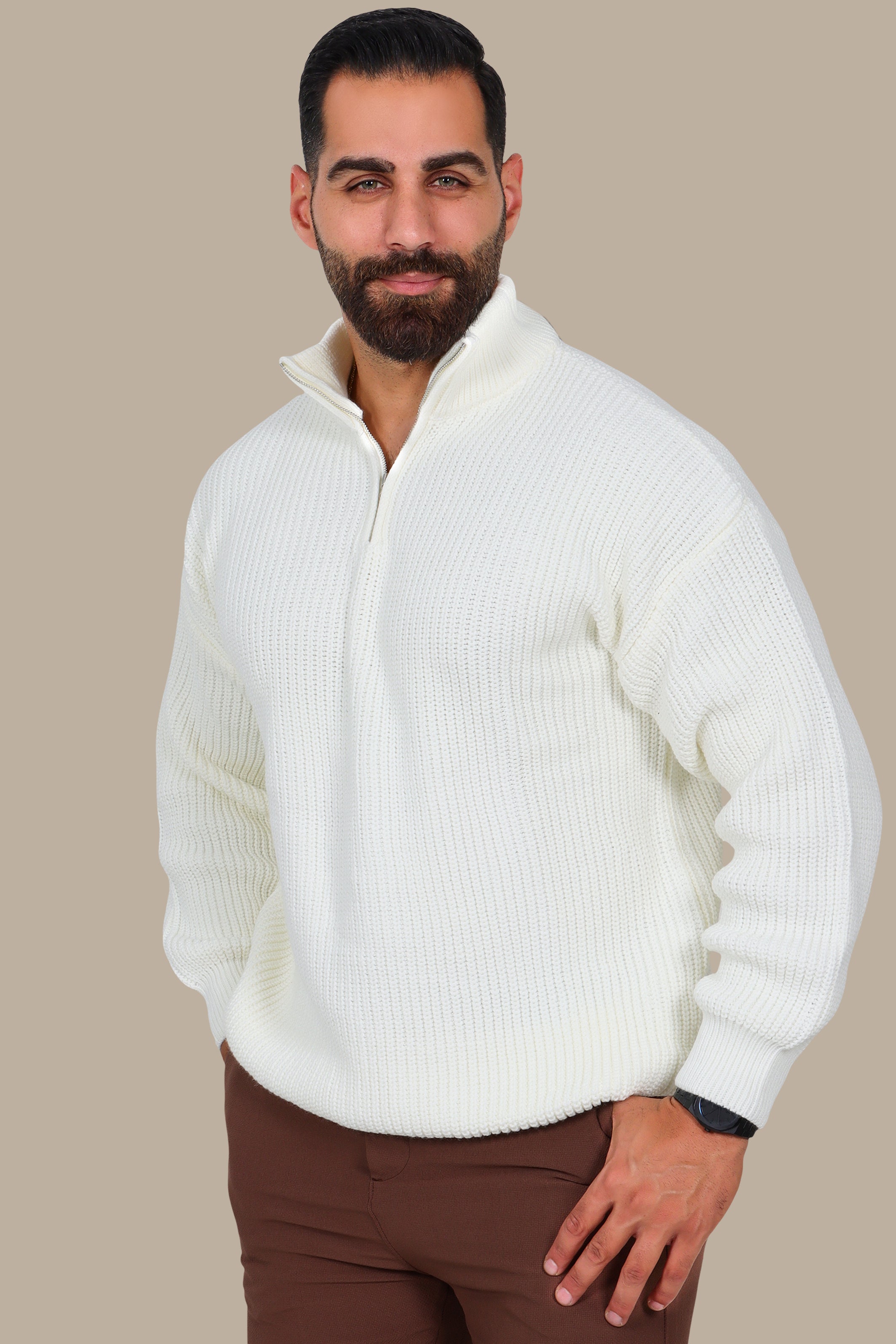 White Half-Zipper Plain Mercerized Sweater