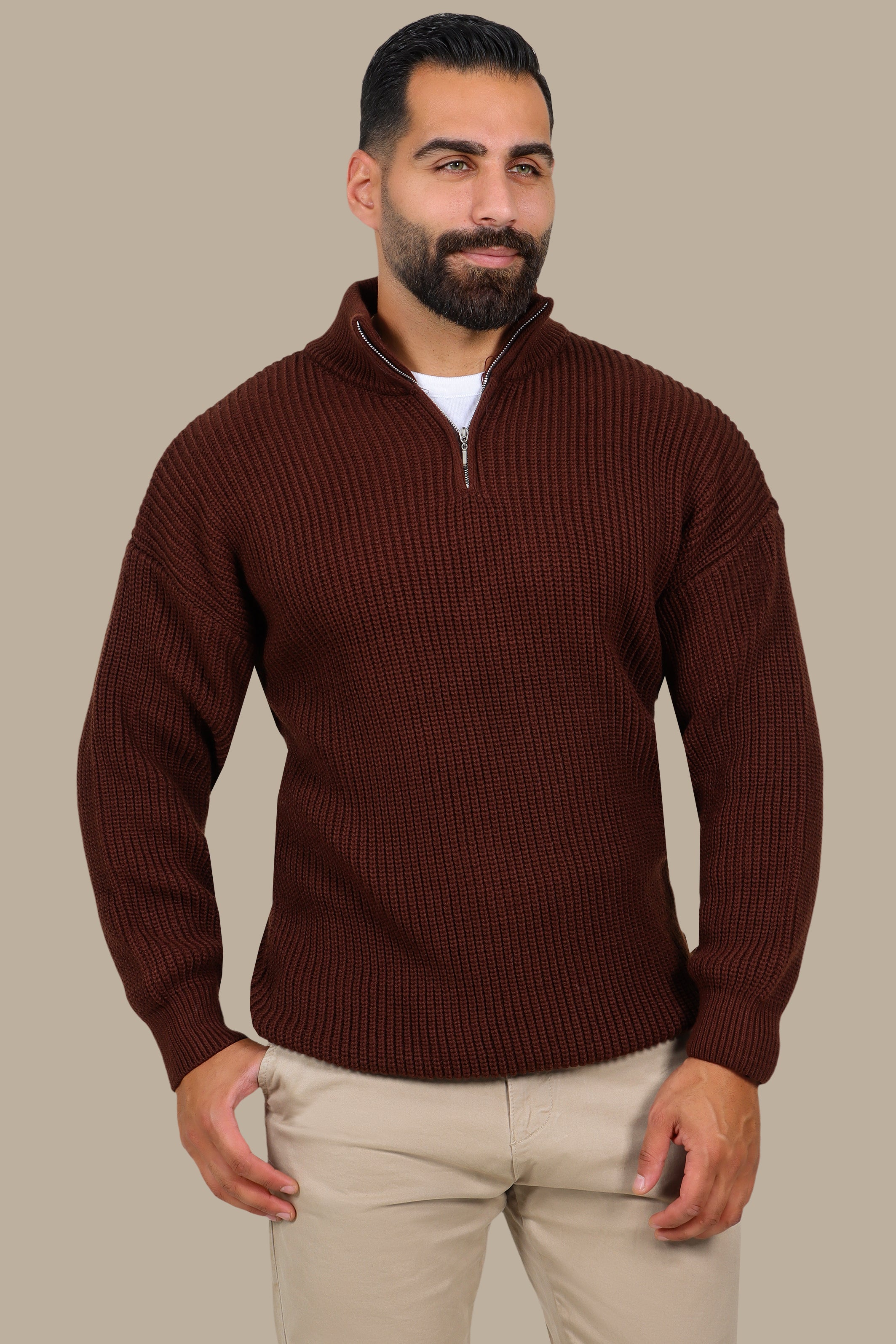 Mercerized Half-Zip Sweater in Brown