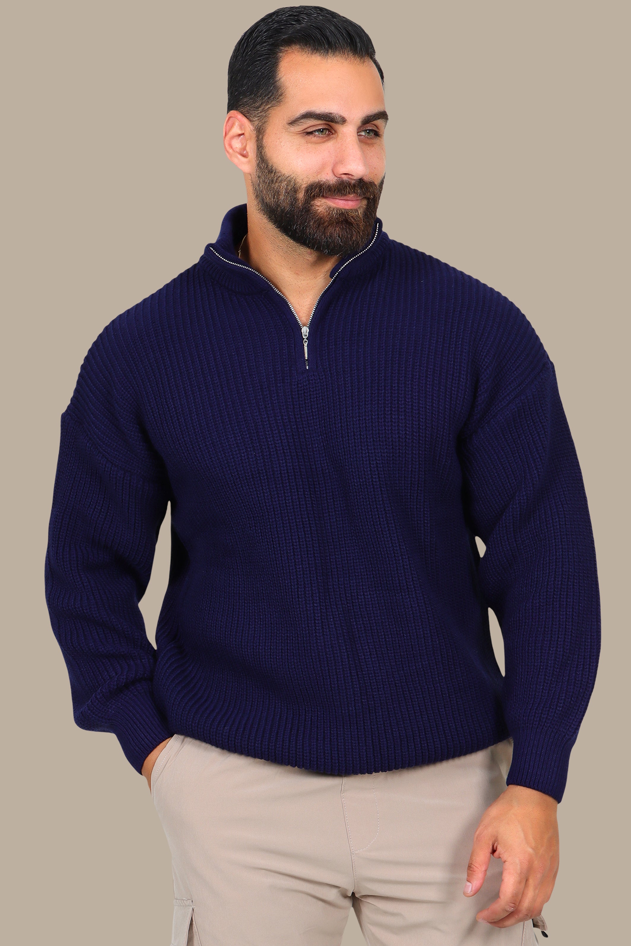 Navy Half-Zipper Plain Mercerized Sweater