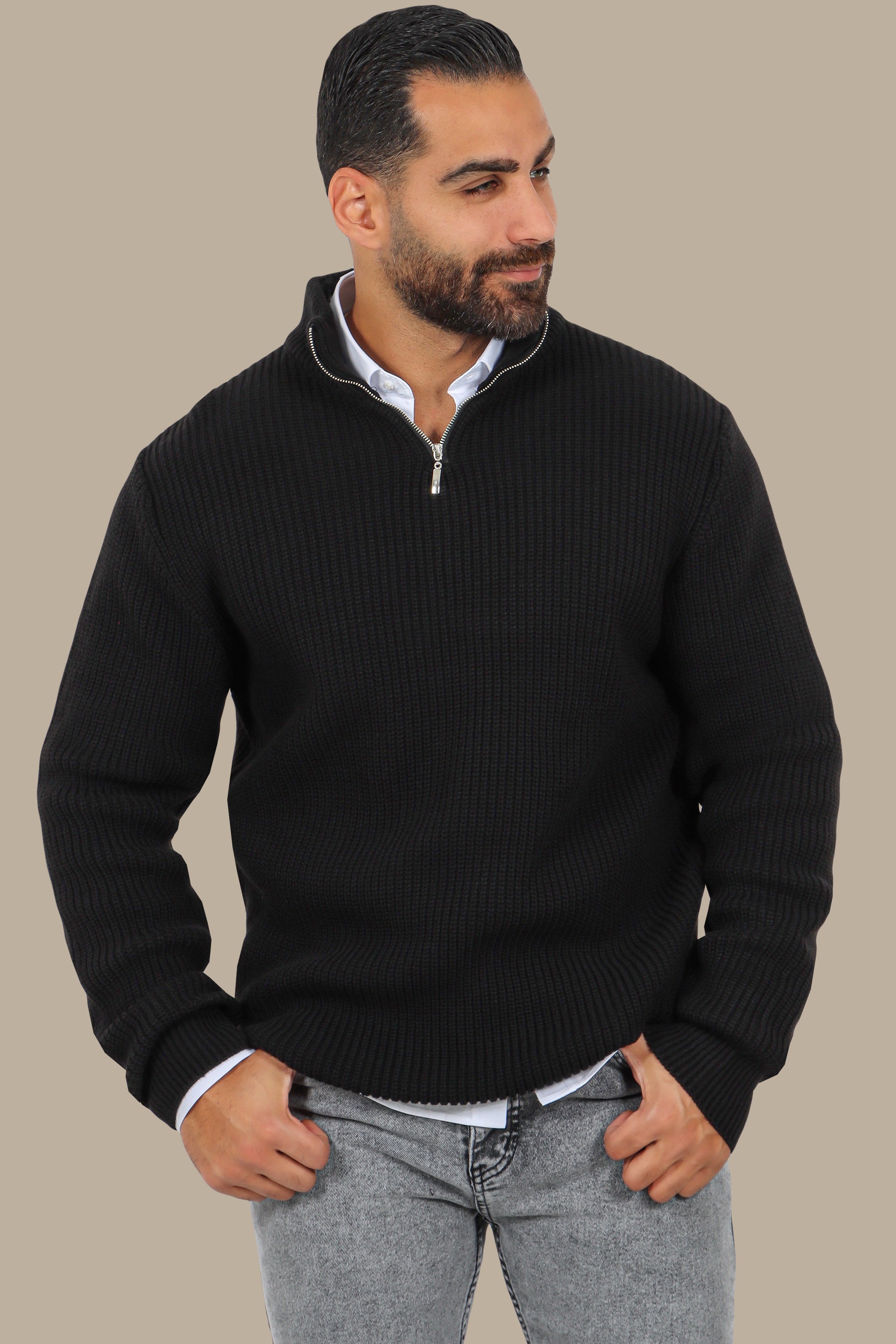 Modern Essential: Black Mercerized Half-Zipper Sweater