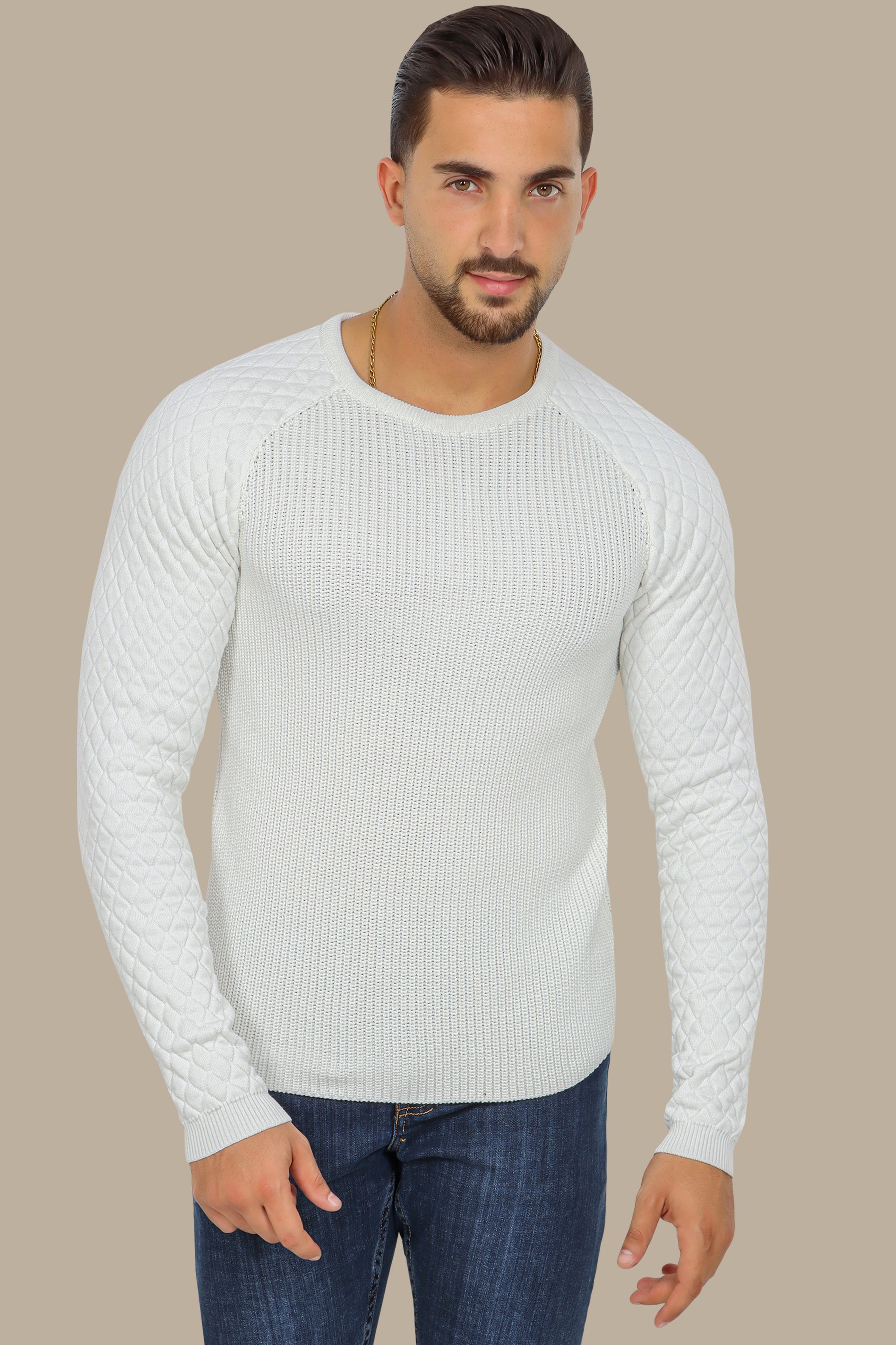 White Mercerized Sweater with Lozenge Shoulder Pattern