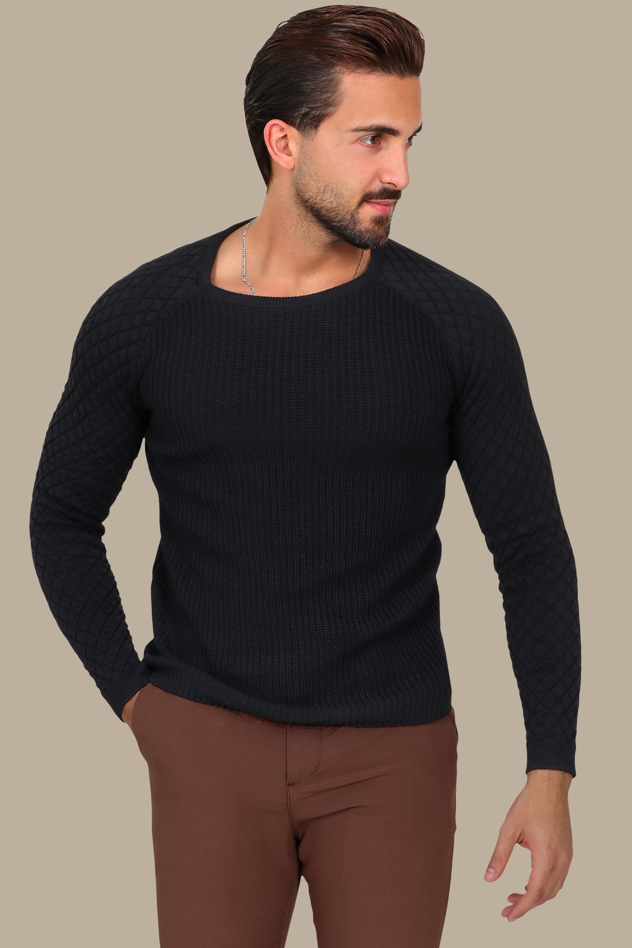 Black Mercerized Sweater with Lozenge Shoulder Pattern
