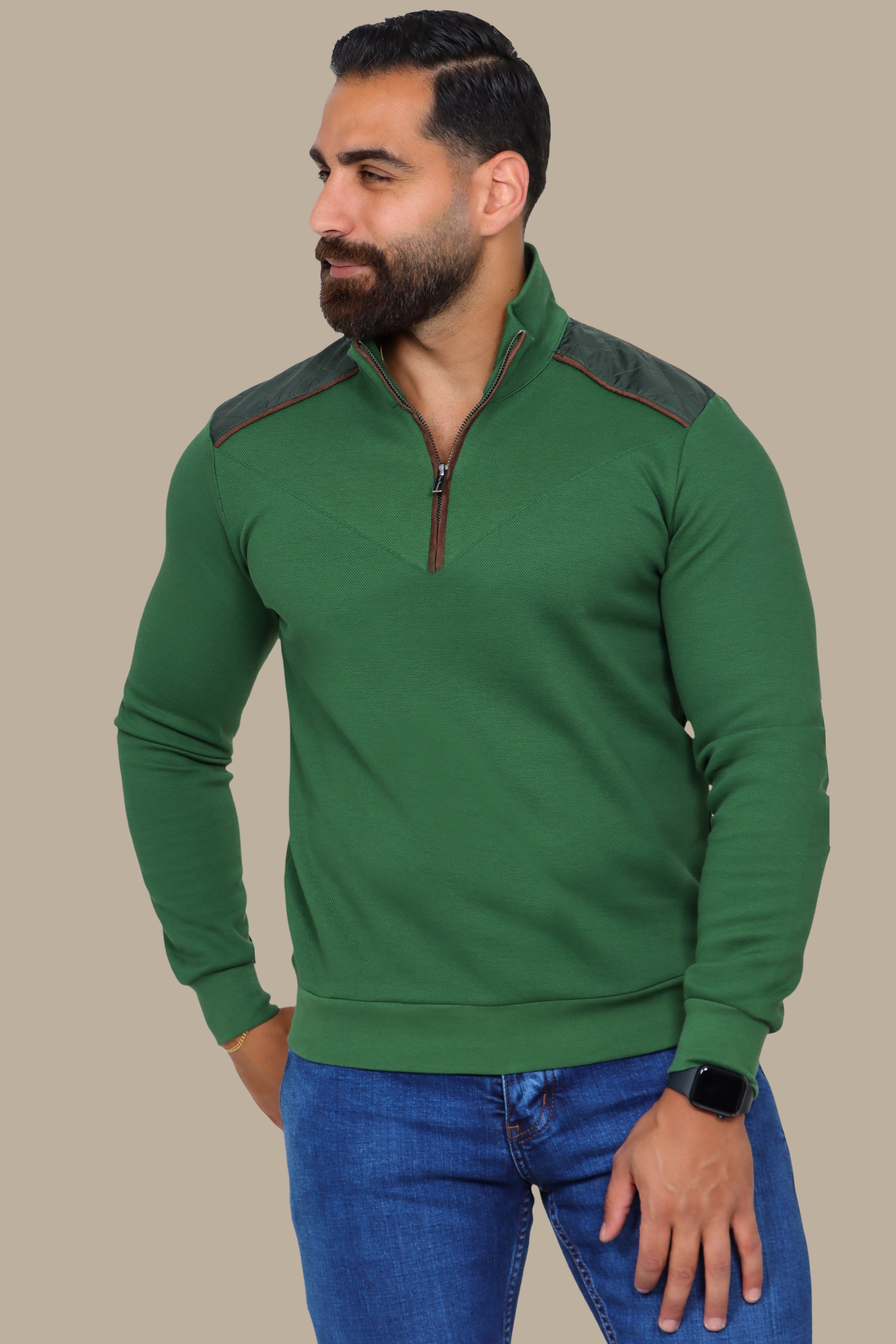 Green Half-Zip Sweater with V-Cut and Shoulder Detail