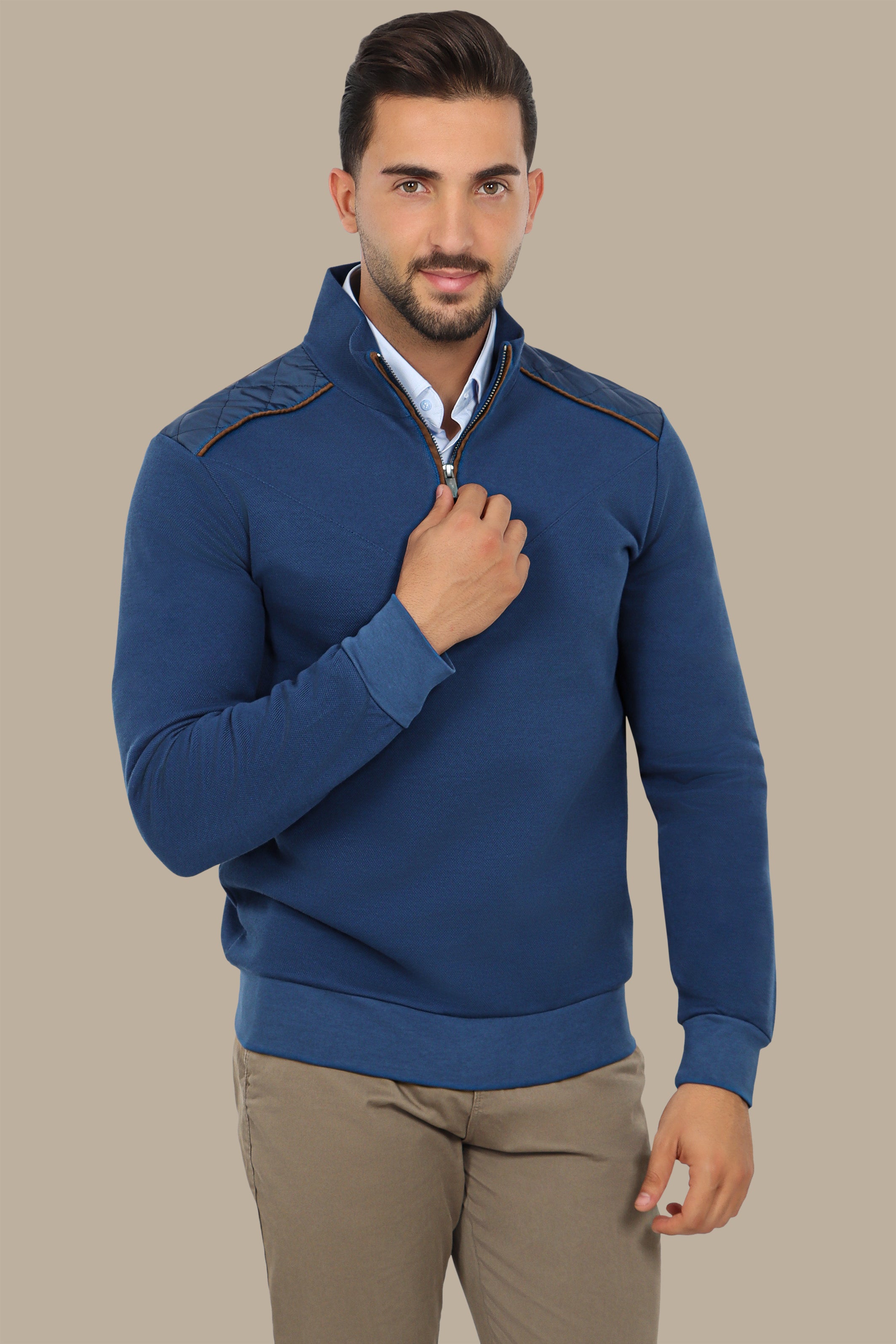 Blue Half-Zip Sweater with V-Cut and Shoulder Detail