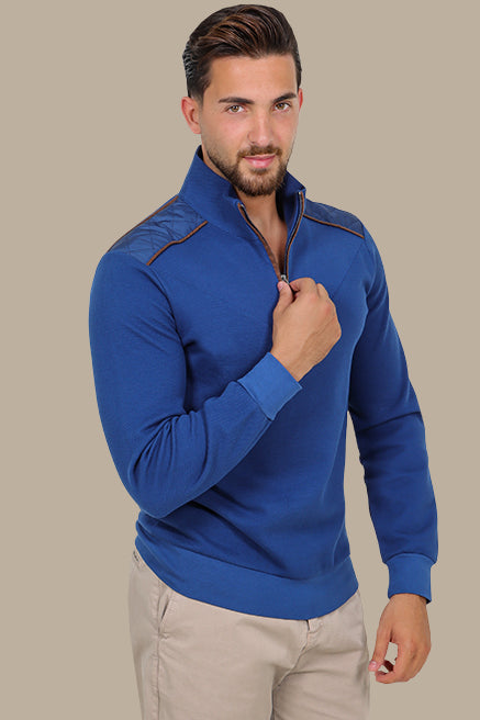 Blue Half-Zip Sweater with V-Cut and Shoulder Detail