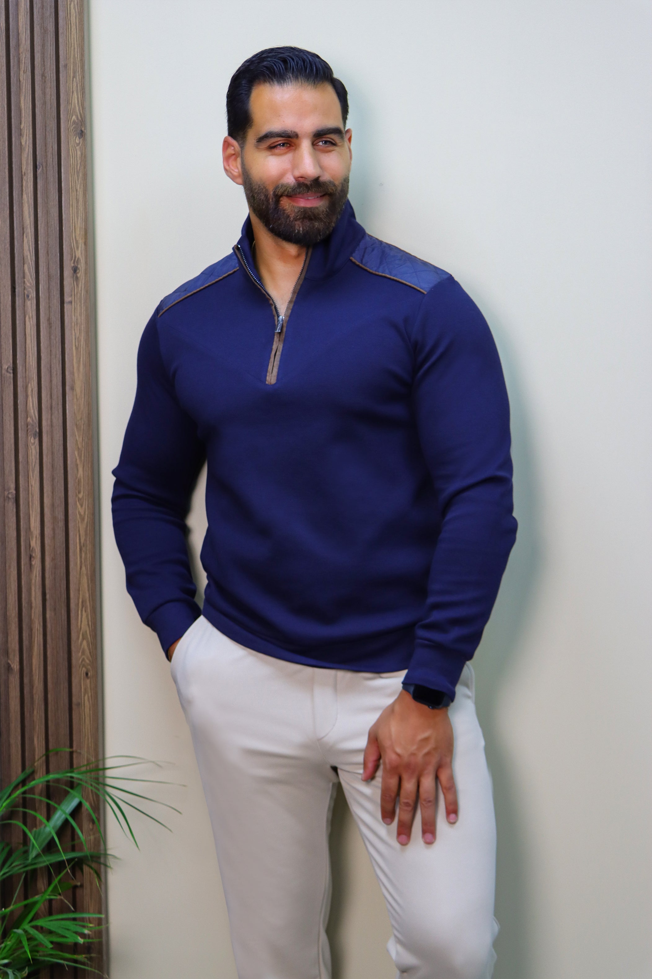 Navy Half-Zip Sweater with V-Cut and Shoulder Detail