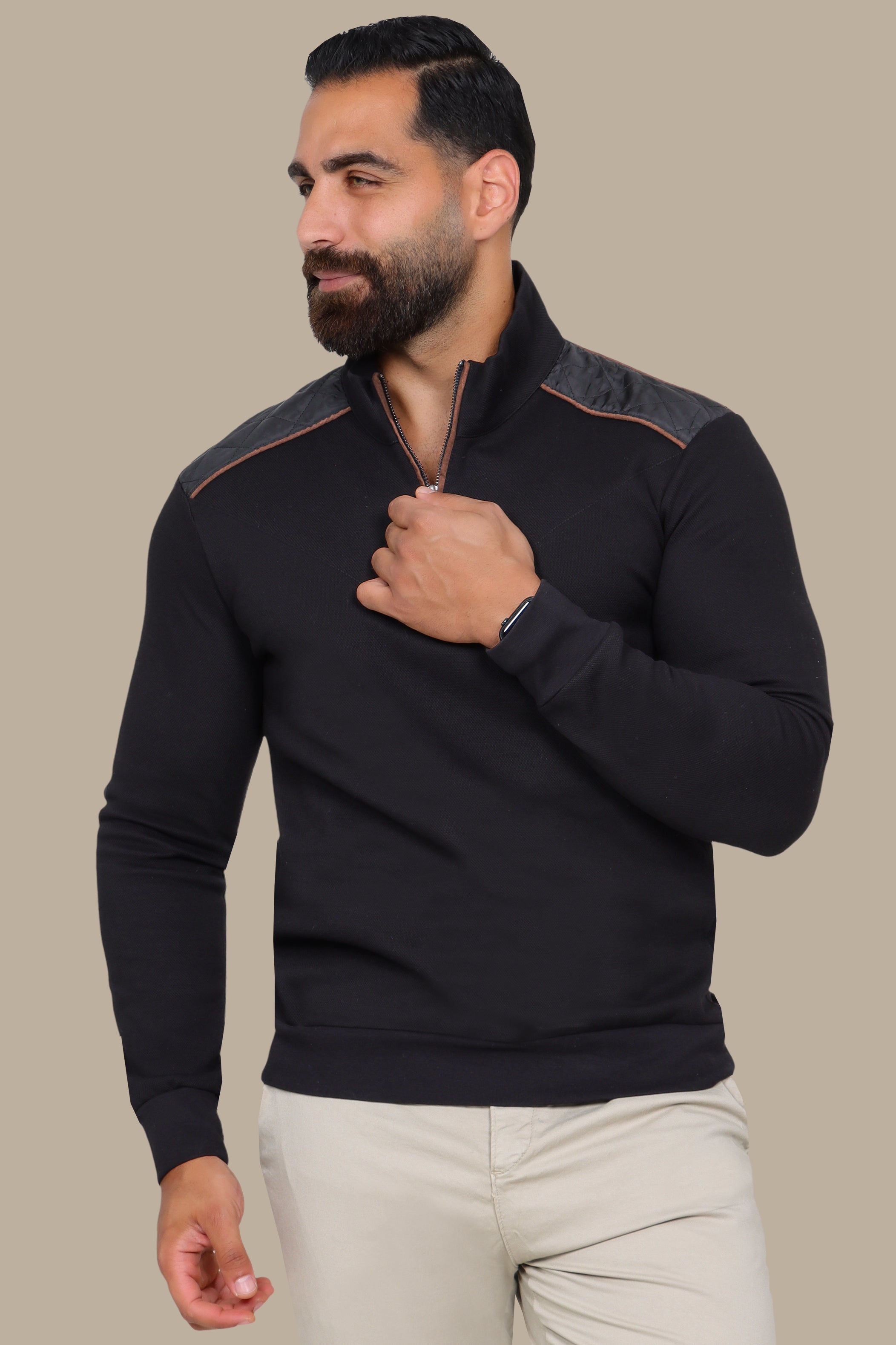Black Half-Zip Sweater with V-Cut and Shoulder Detail