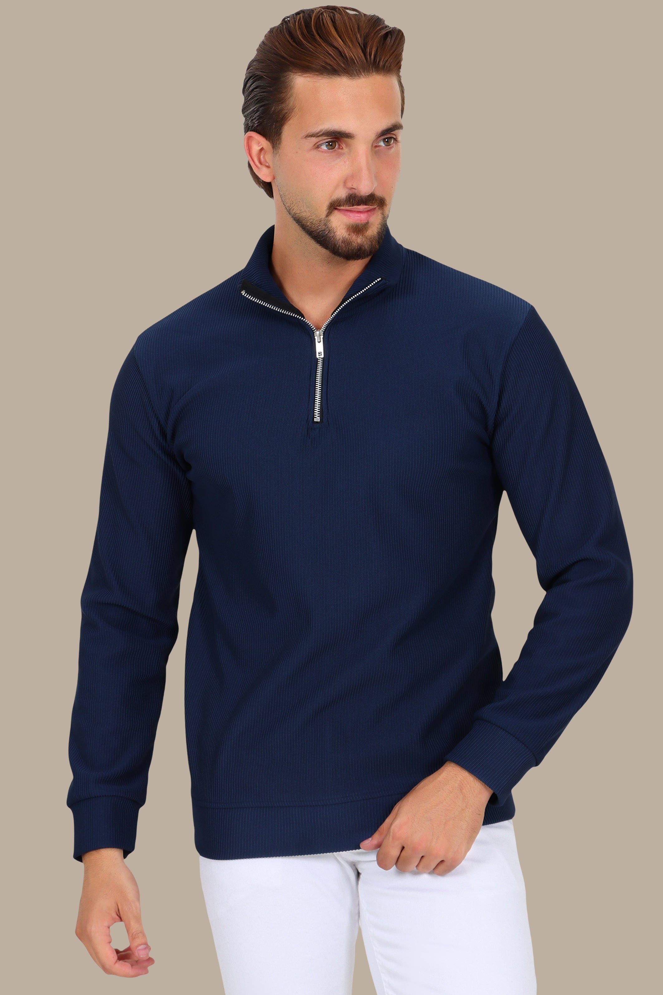 Long Sleeve Ribbed Half Zipper Sweater in Navy