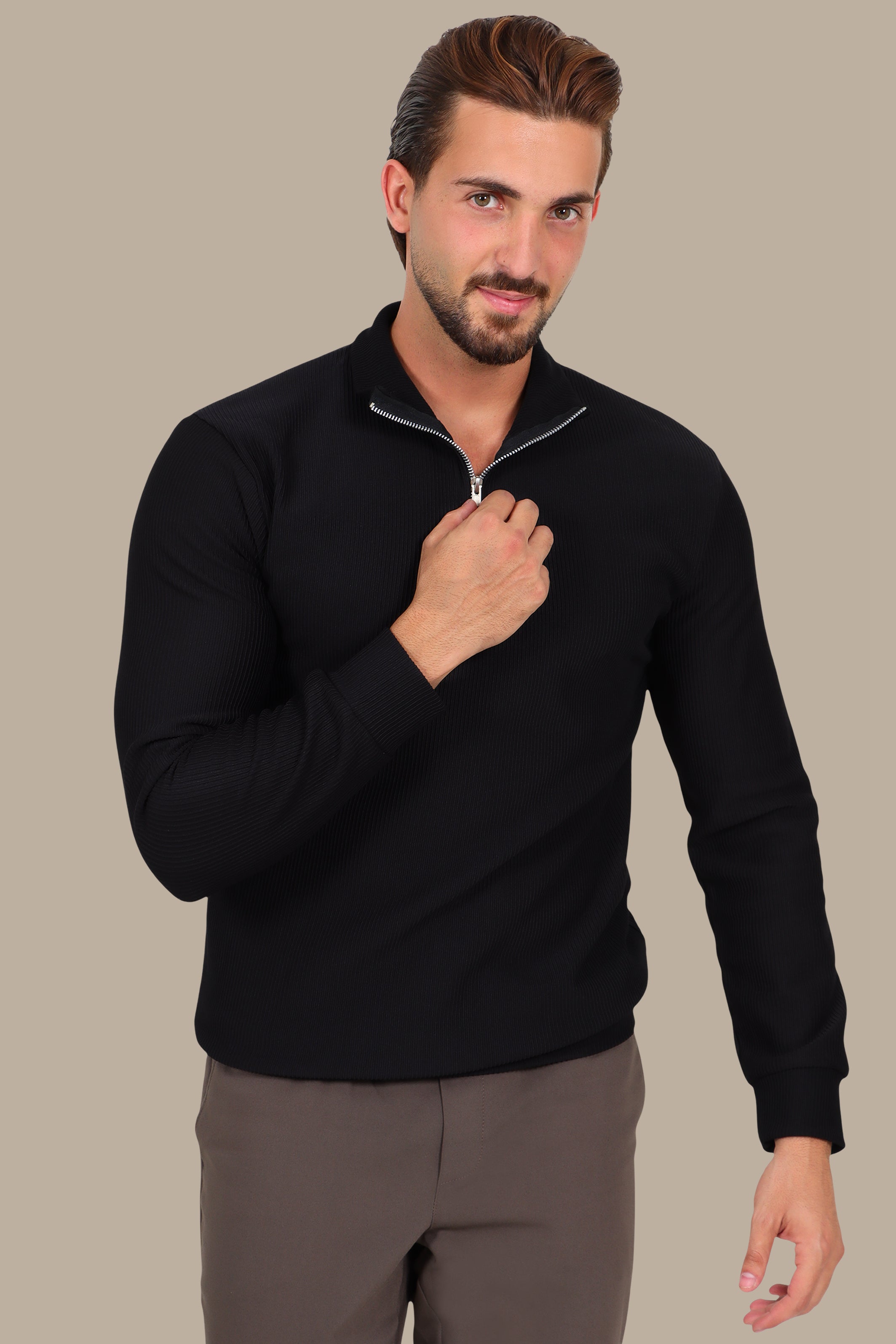 Long Sleeve Ribbed Half Zipper Sweater in Black