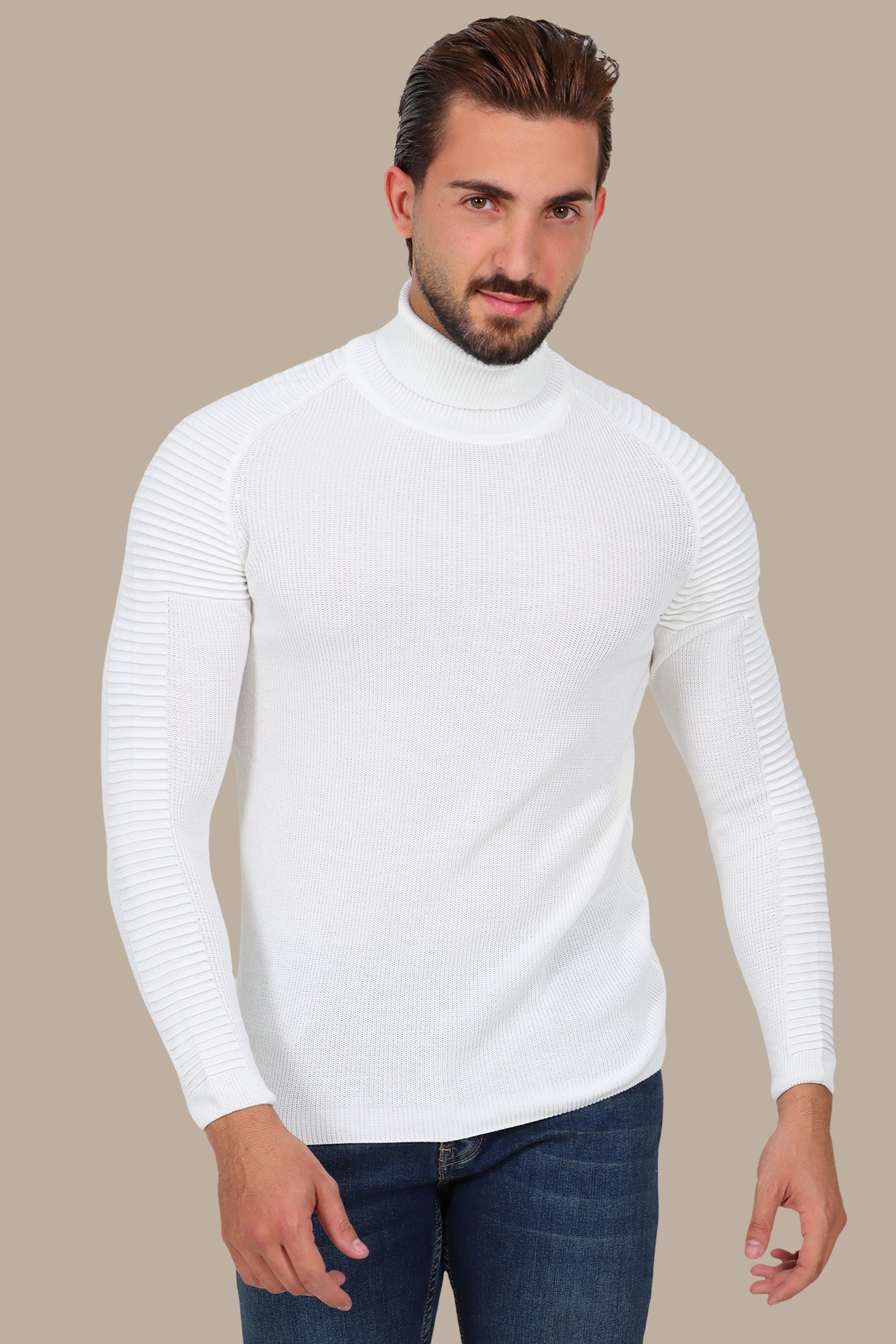 White Mercerized Turtle-Neck Sweater with Ribbed Shoulders