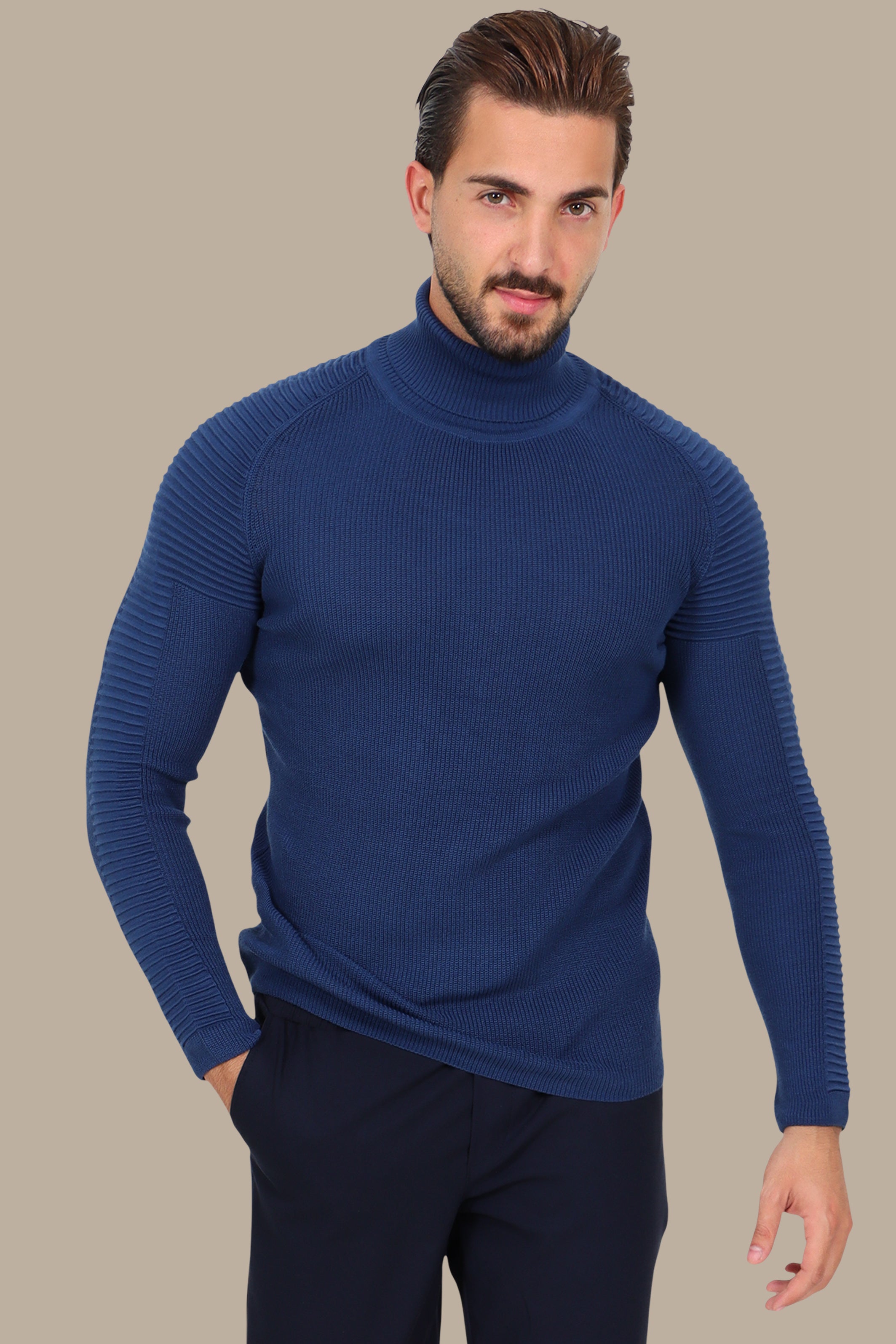 Blue Mercerized Turtle-Neck Sweater with Ribbed Shoulders