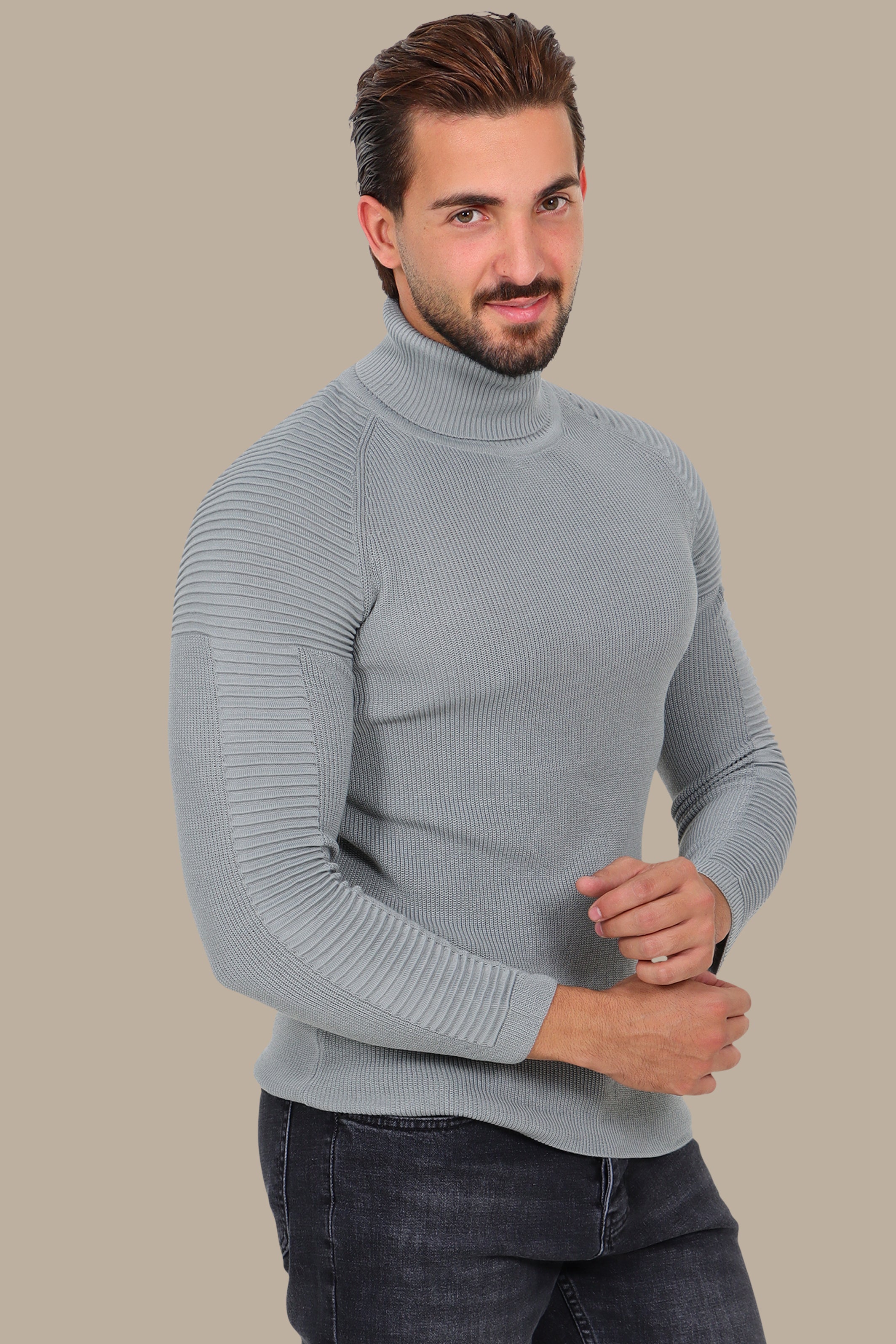 Grey Mercerized Turtle-Neck Sweater with Ribbed Shoulders
