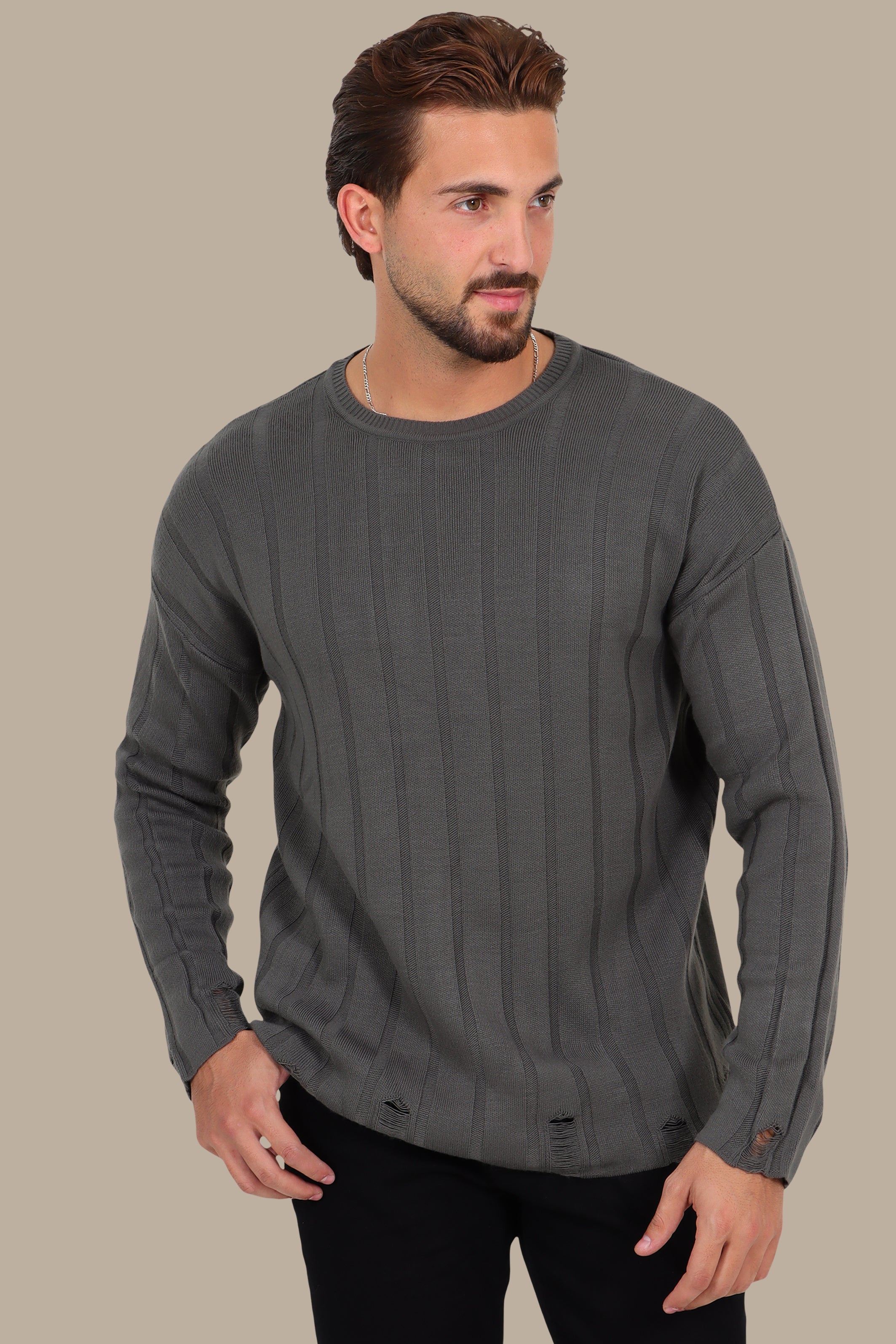 Round Neck Sweater Wide Ribbed Destroyed Khaki