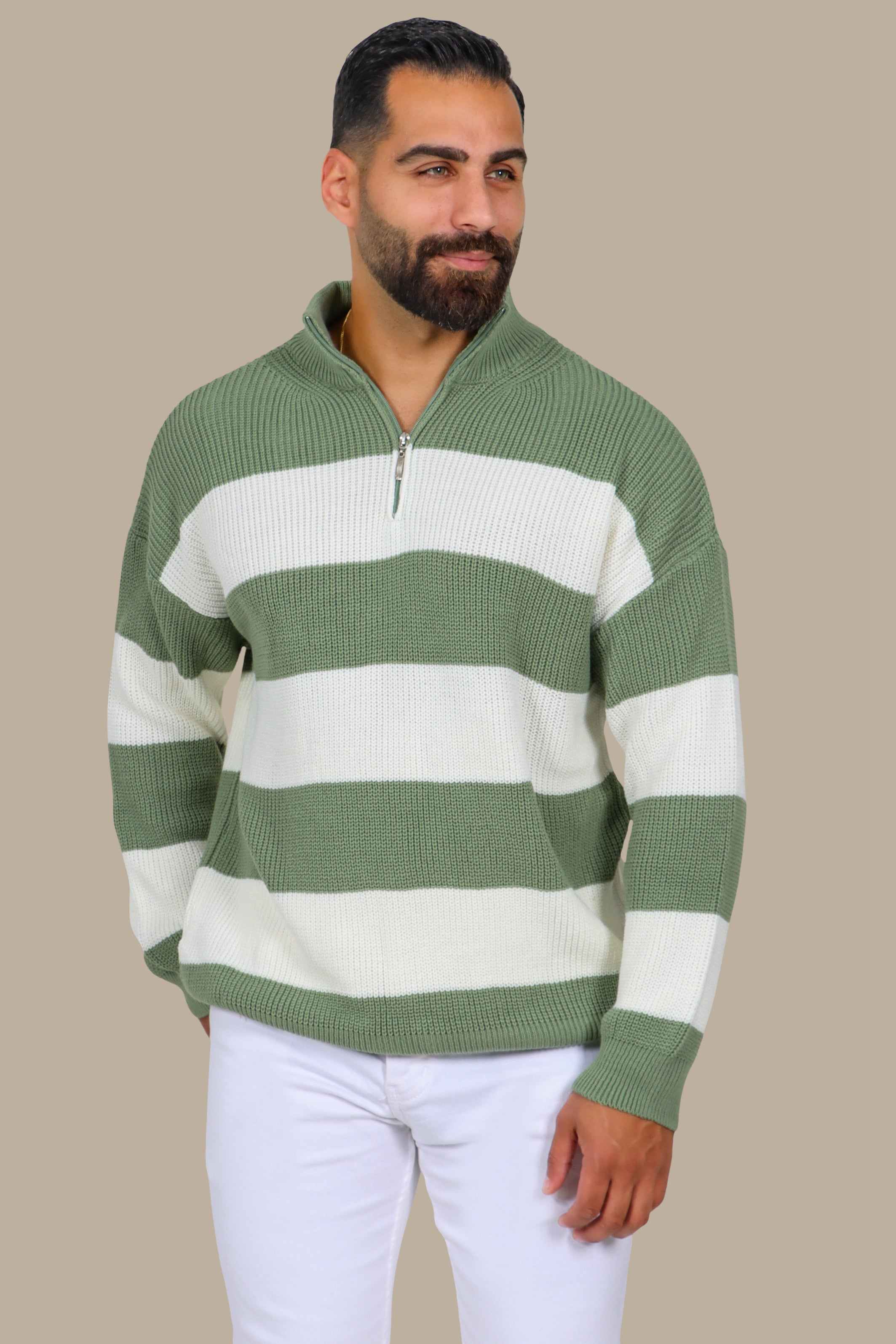Mercerized Half-Zip Sweater with Horizontal Wide Stripes in Olive