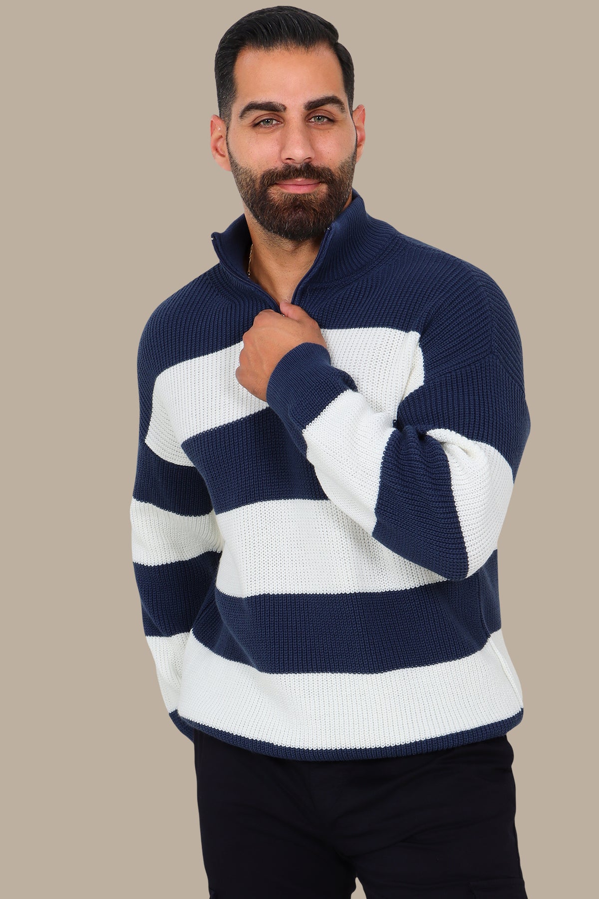 Navy Mercerized Half-Zip Striped Sweater