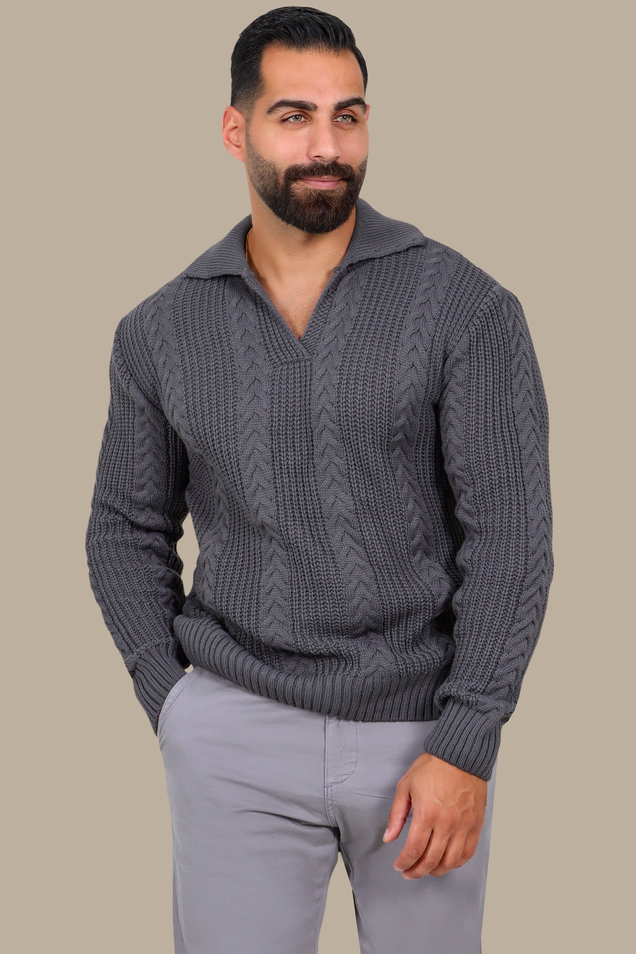 Grey Braided V-Neck Sweater