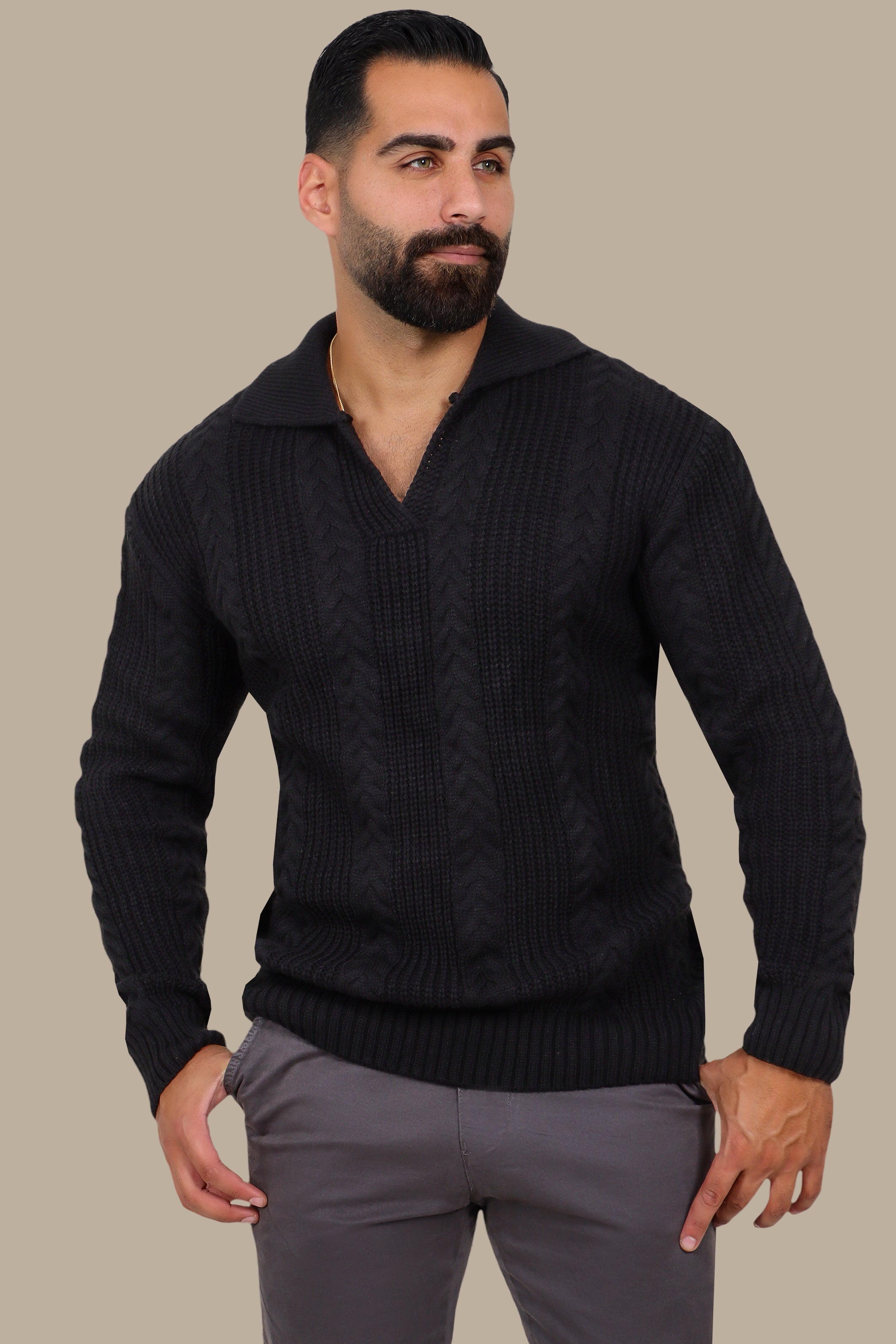 Braided V-Neck Sweater in Black