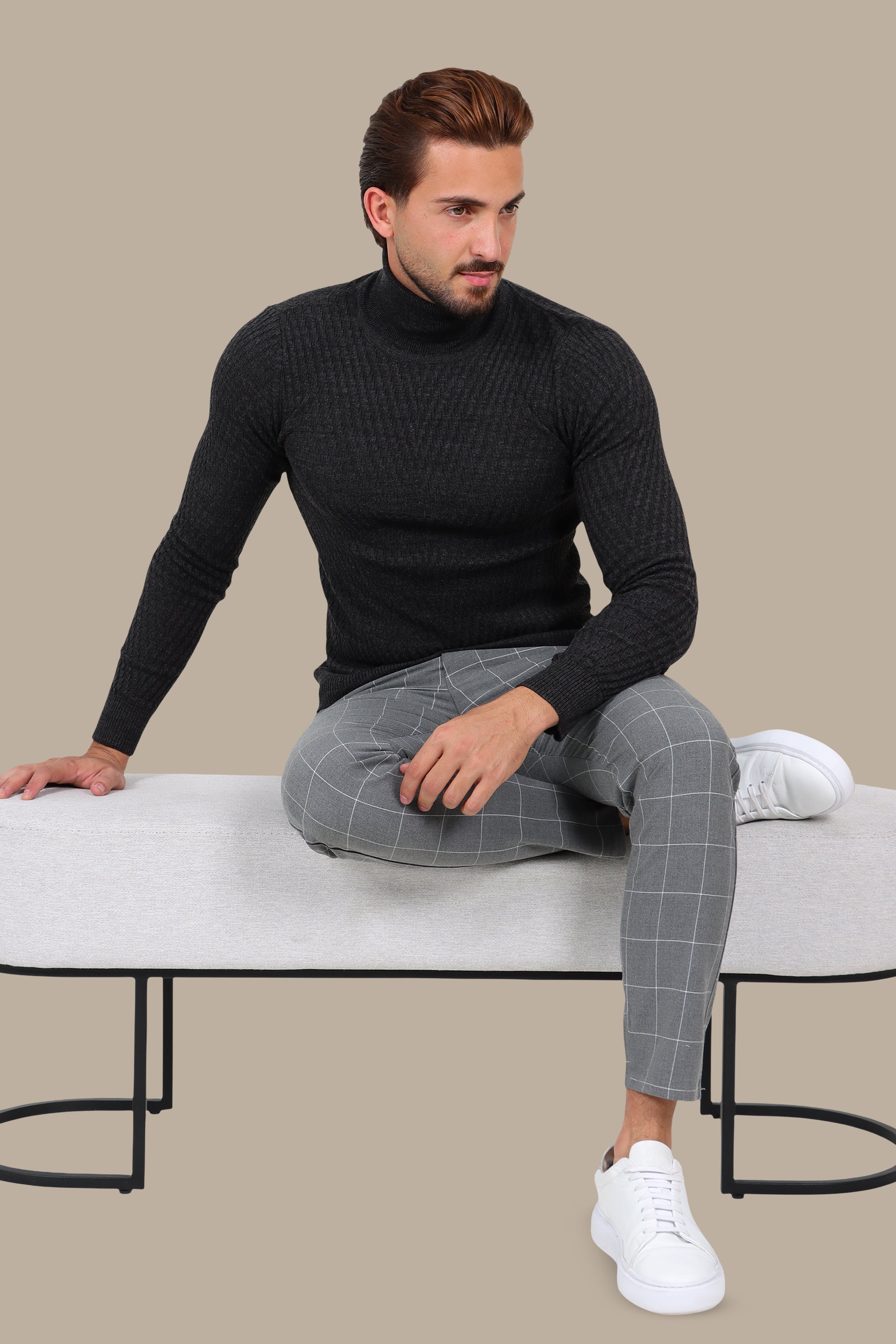 Dark Grey V-Cut Turtleneck with Dogtooth Pattern