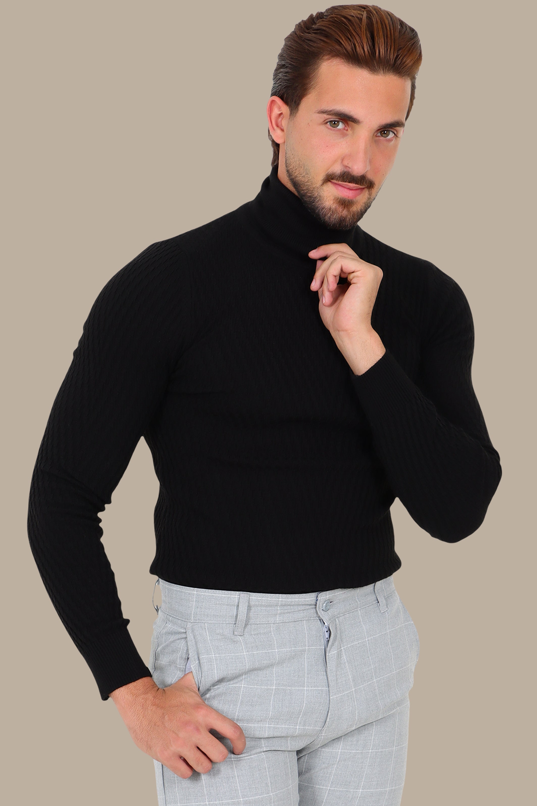 Black V-Cut Turtleneck with Dogtooth Pattern