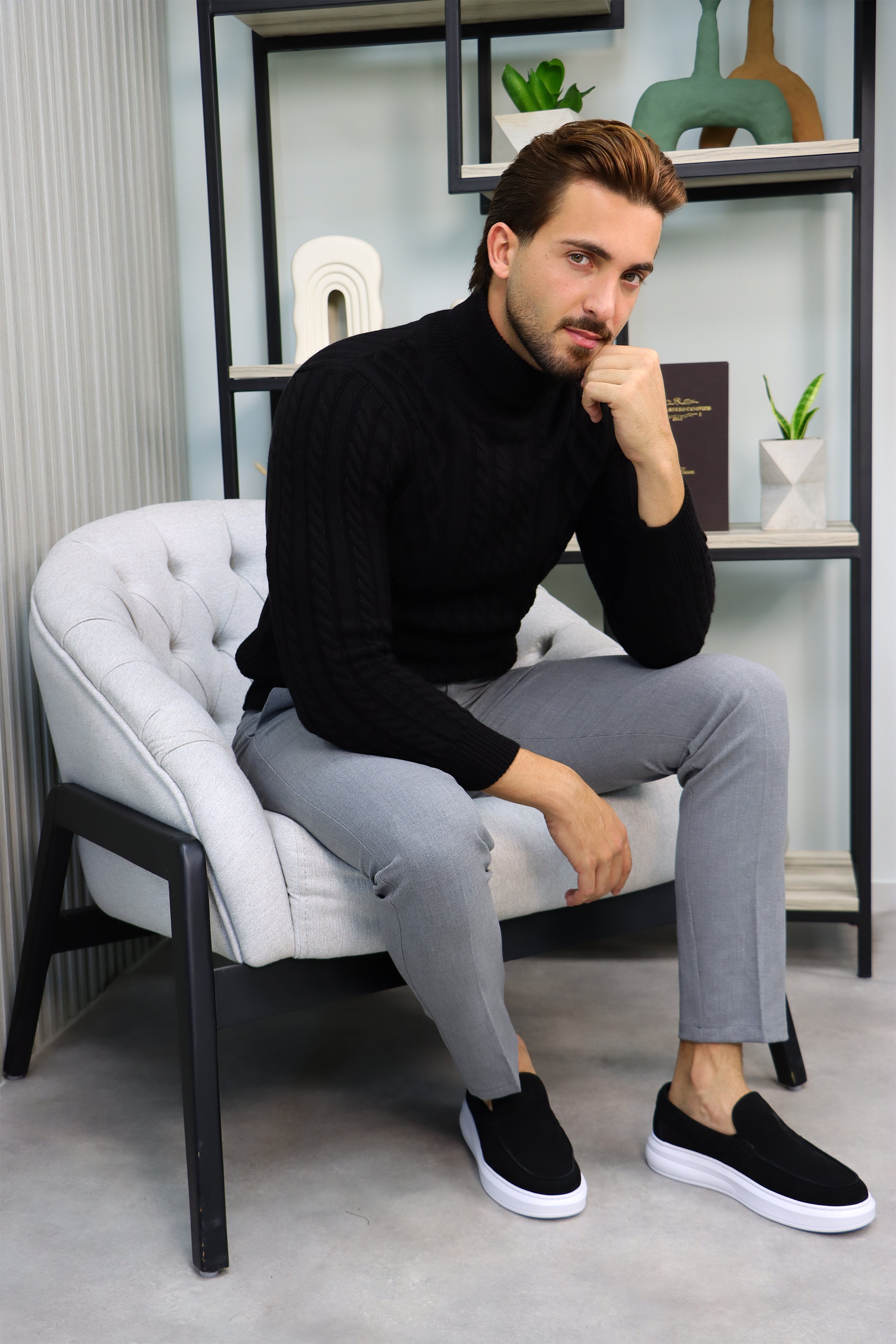 Black Thick Braided Turtleneck Sweater