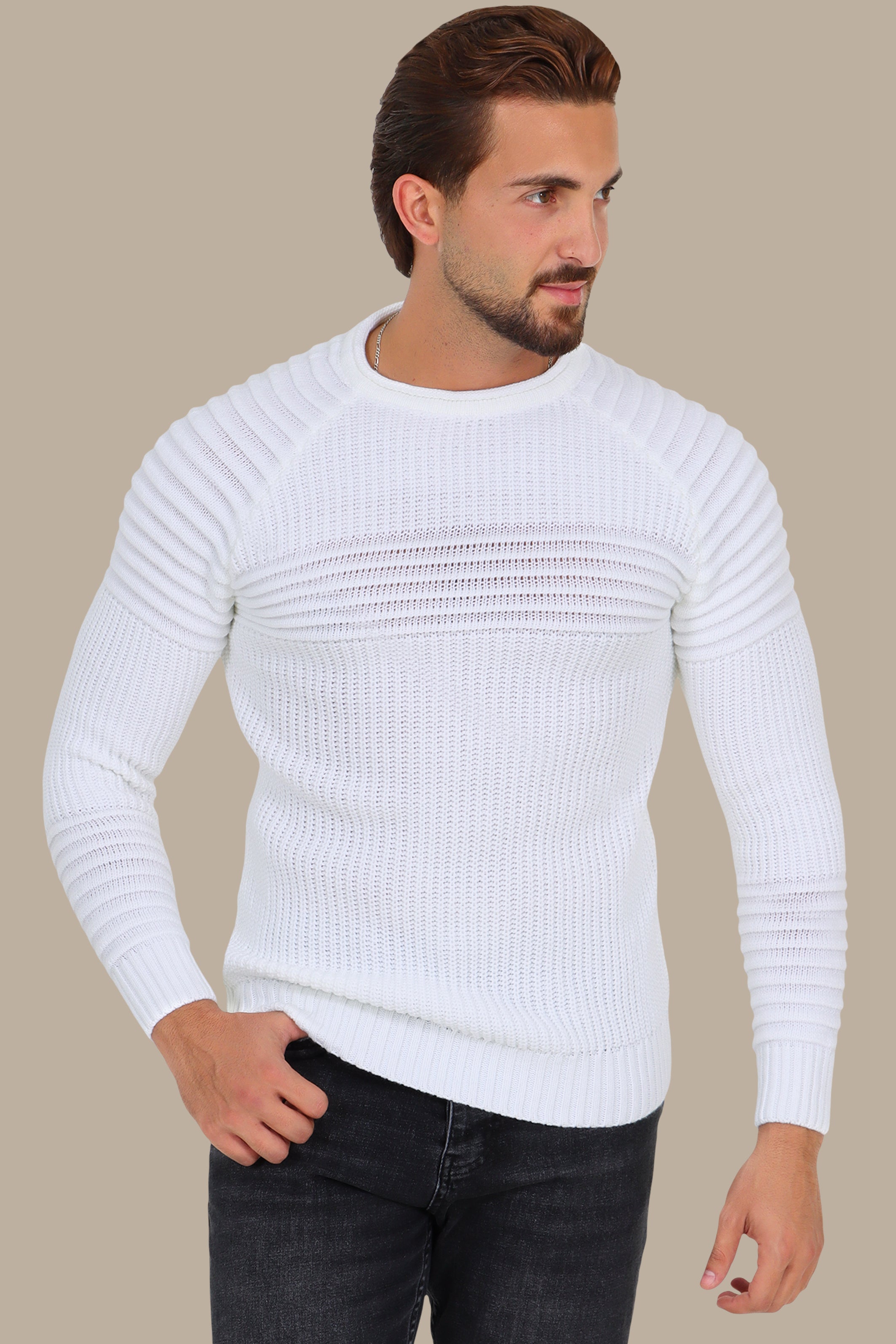 Mercerized Ribbed Sweater with Mid Line in White