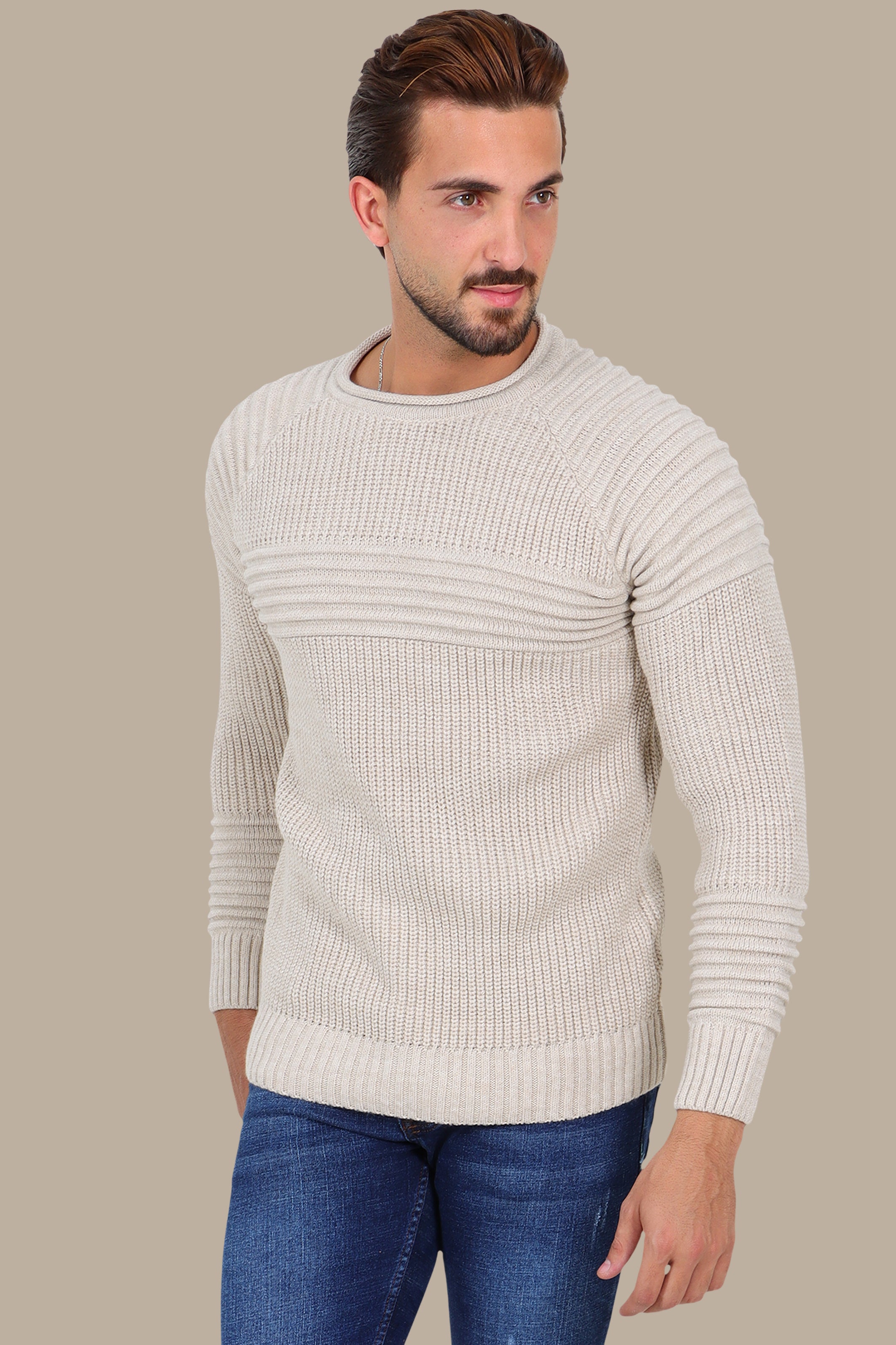 Beige Mercerized Medium-Line Ribbed Sweater