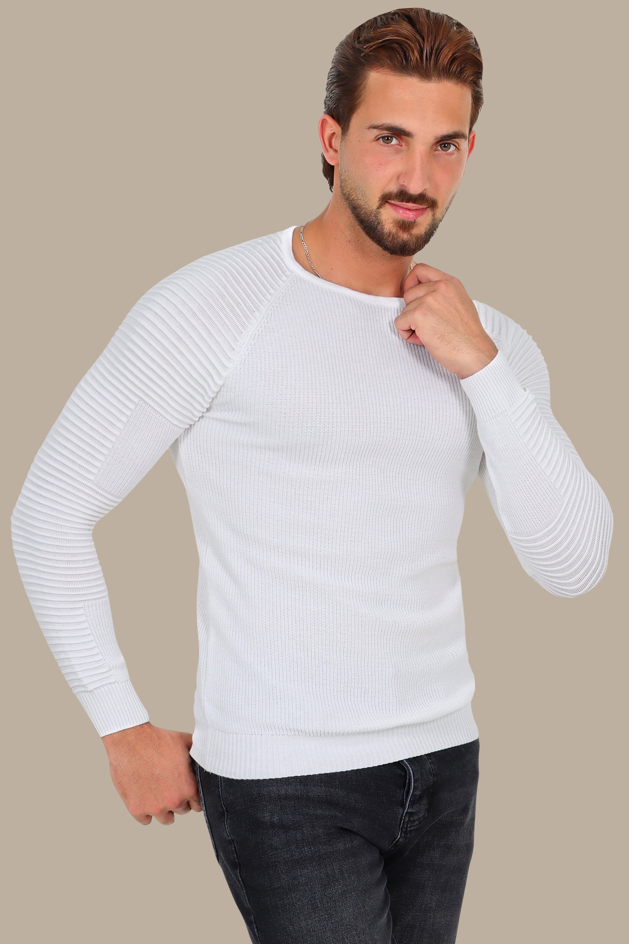 Mercerized Sweater Ribbed Shoulder White