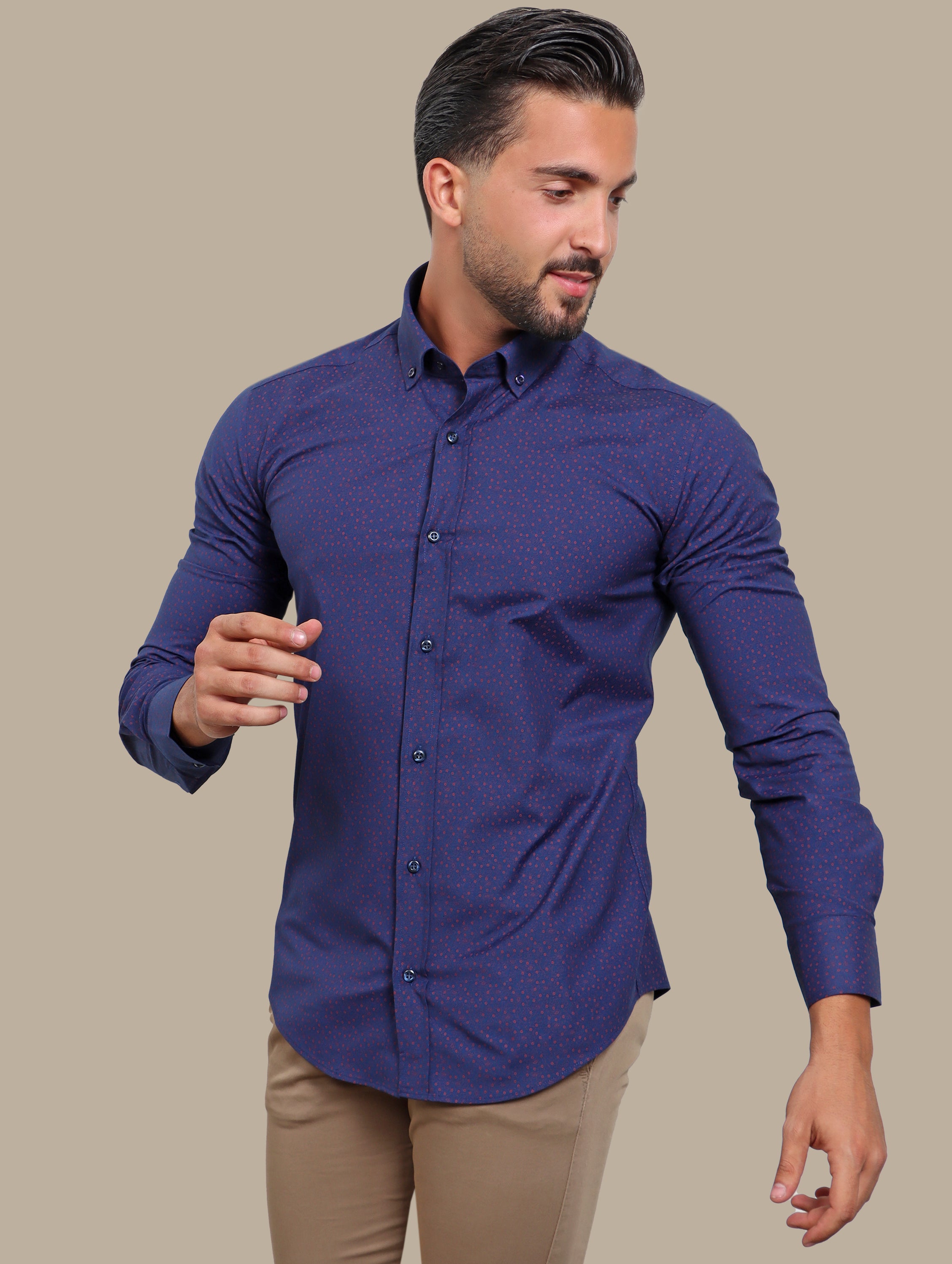 Bold Elegance: Navy Red Paisley Print Lycra Shirt