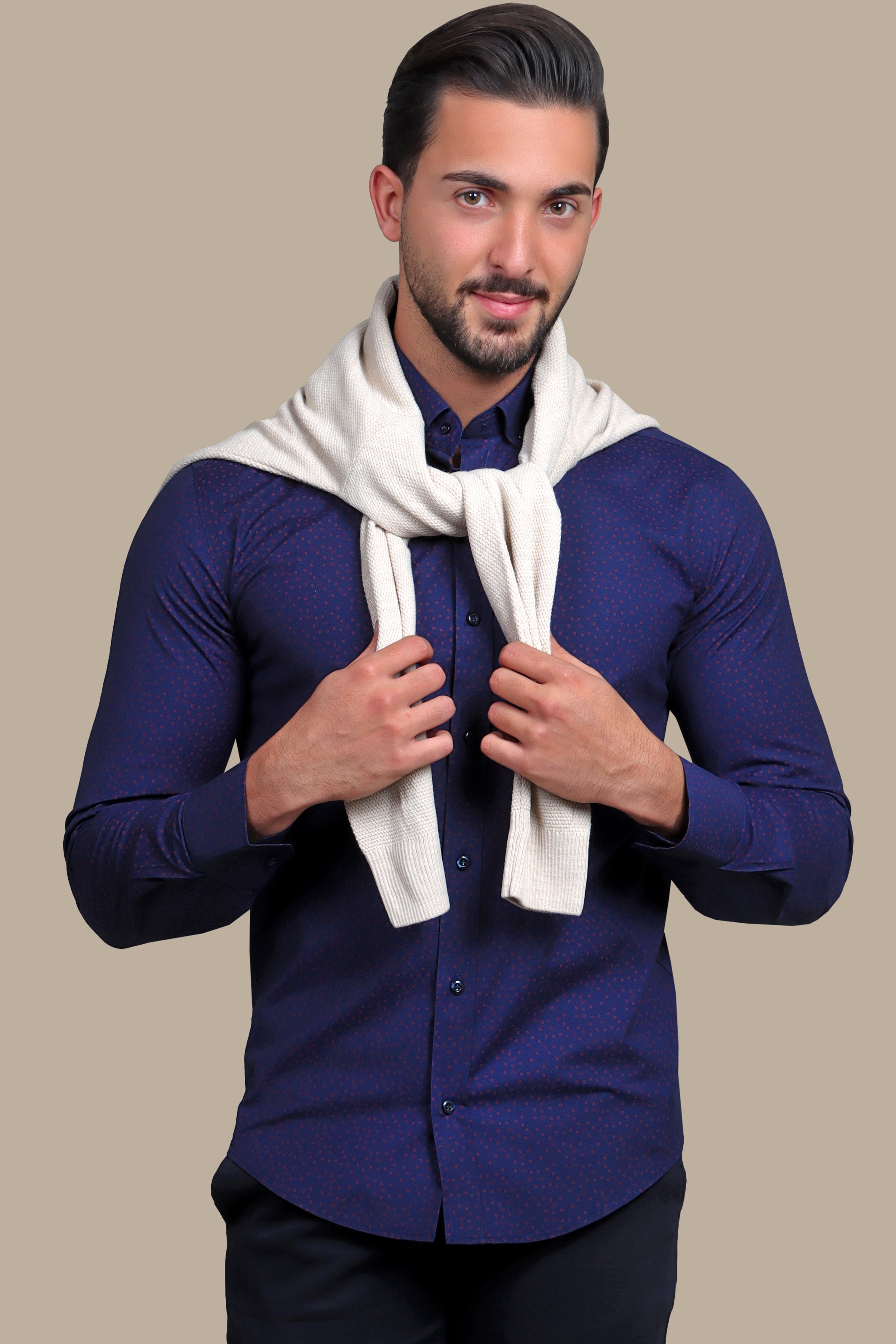 Bold Elegance: Navy Red Paisley Print Lycra Shirt