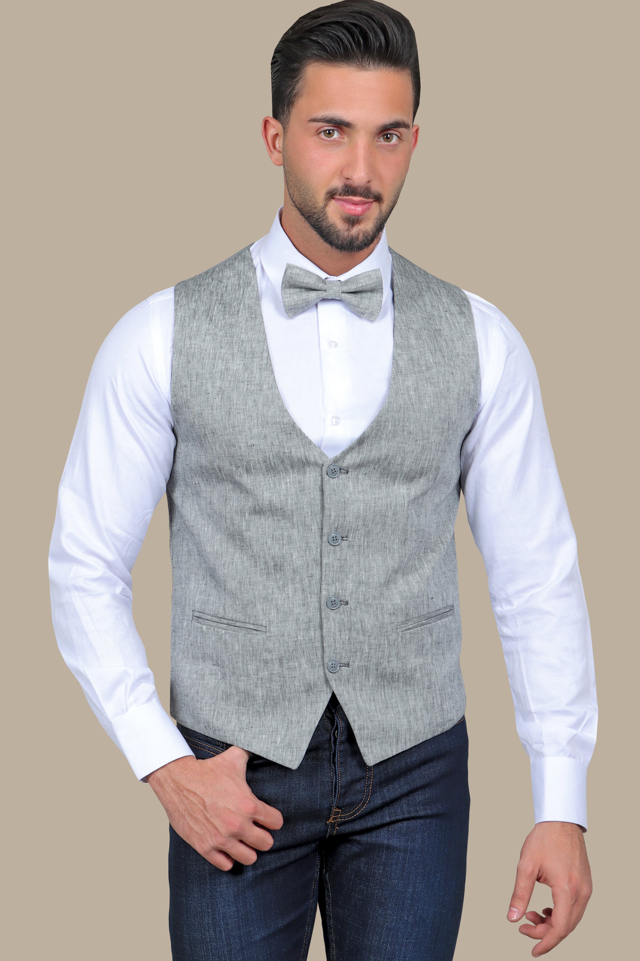 Timeless Elegance: Grey Linen V-Neck Vest