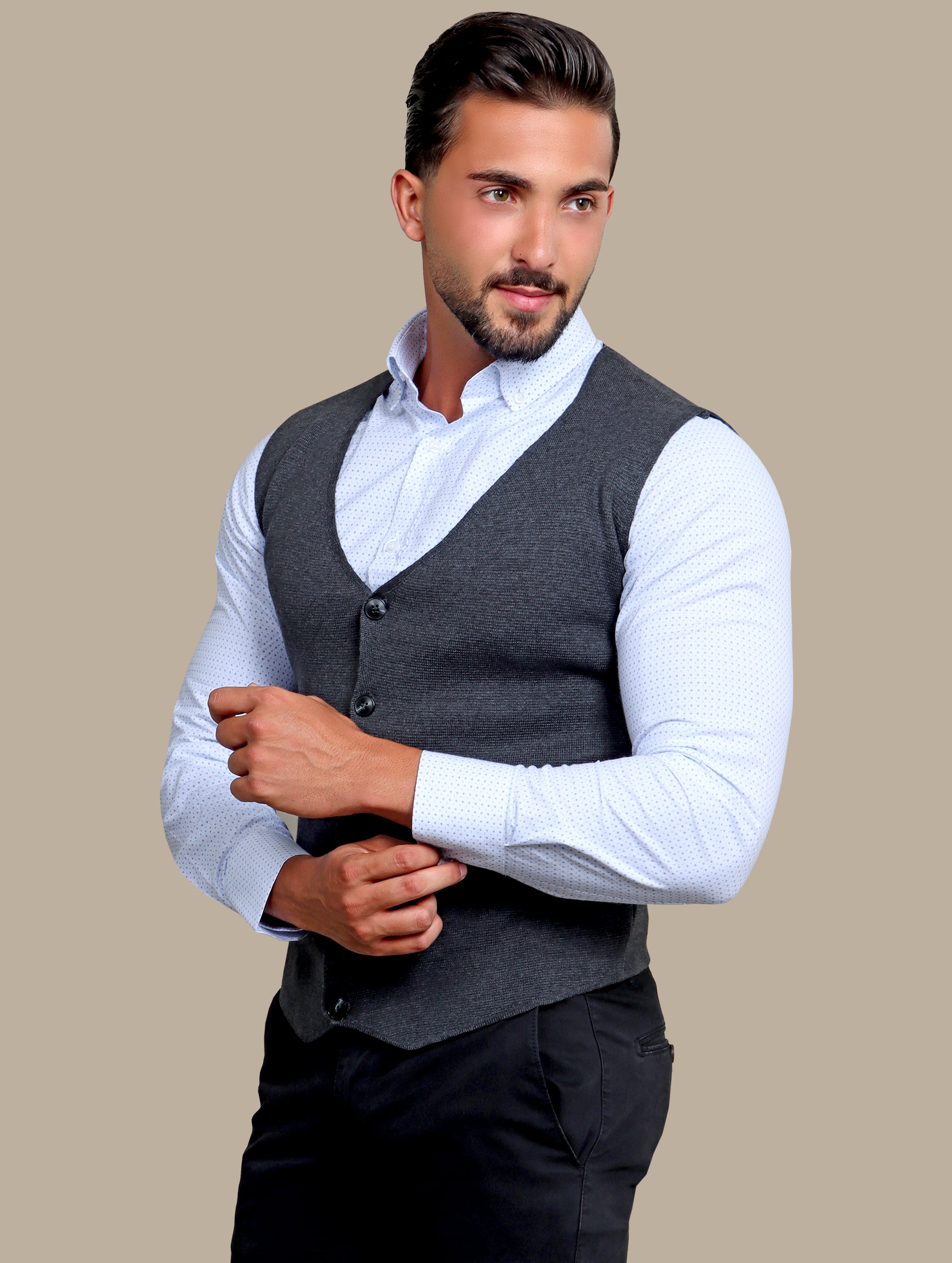 Dark Grey Cotton Casual Vest with 5 Buttons