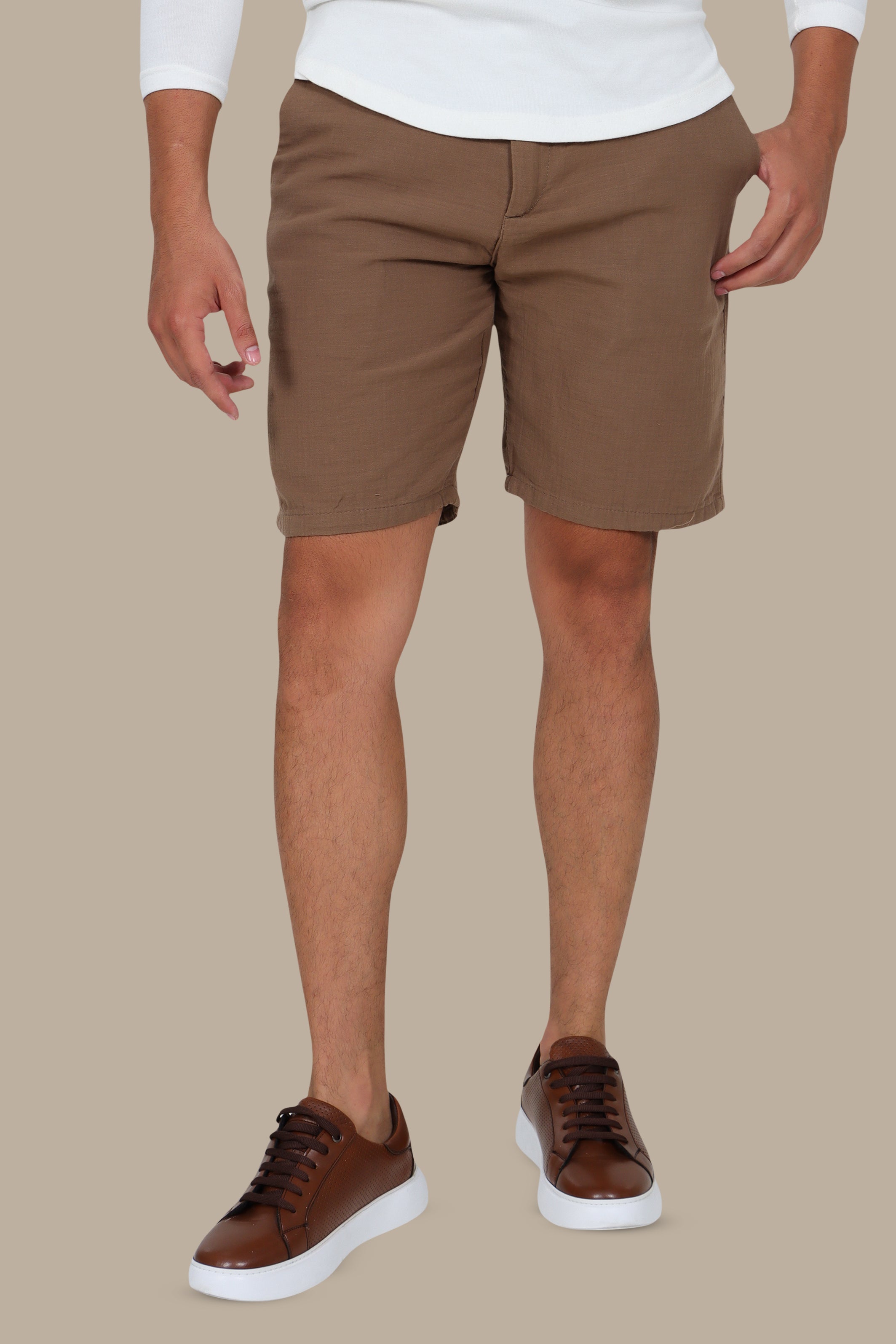 Brown Linen Basic Shorts