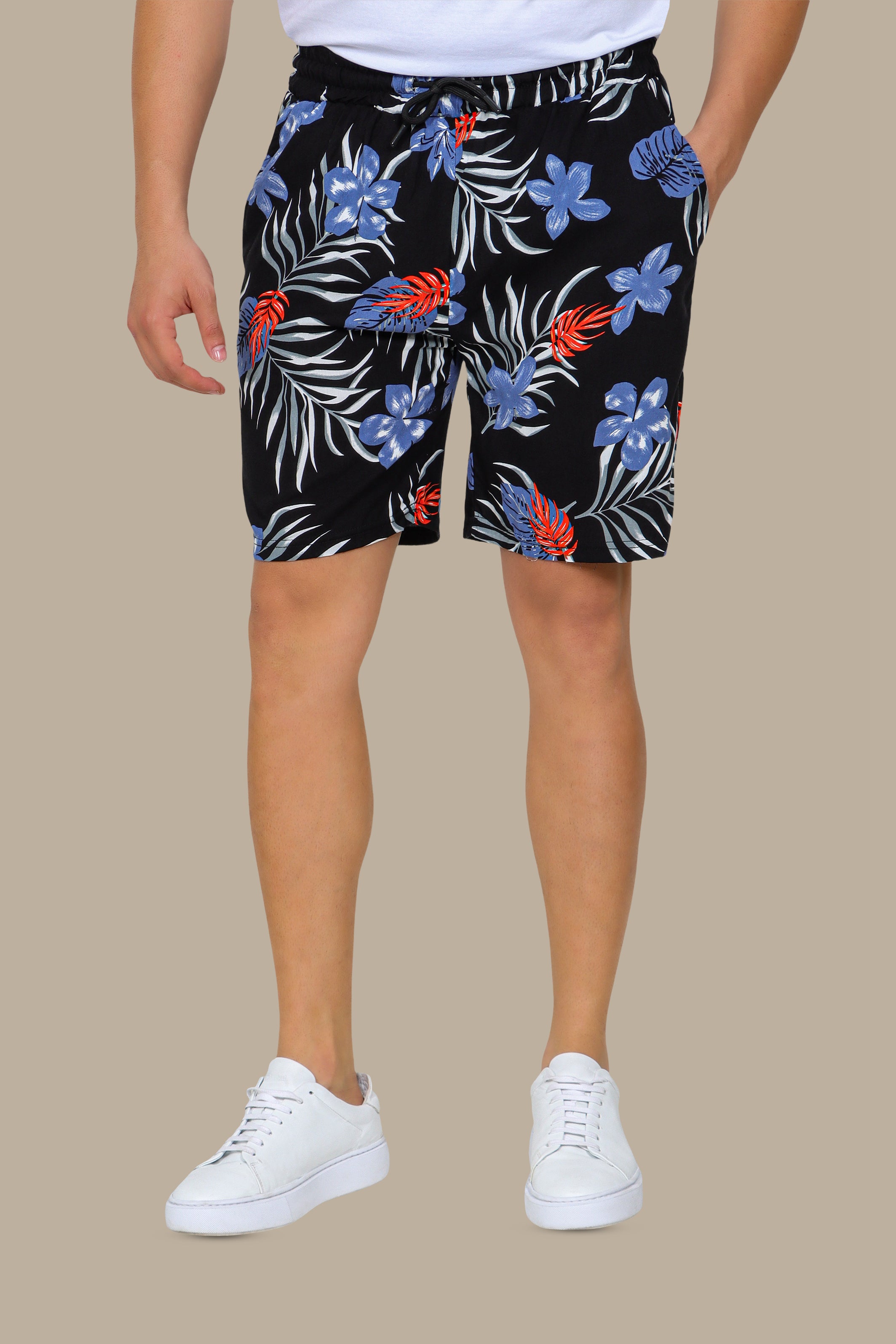 Midnight Foliage: Black Shorts with Blue Leaf Print