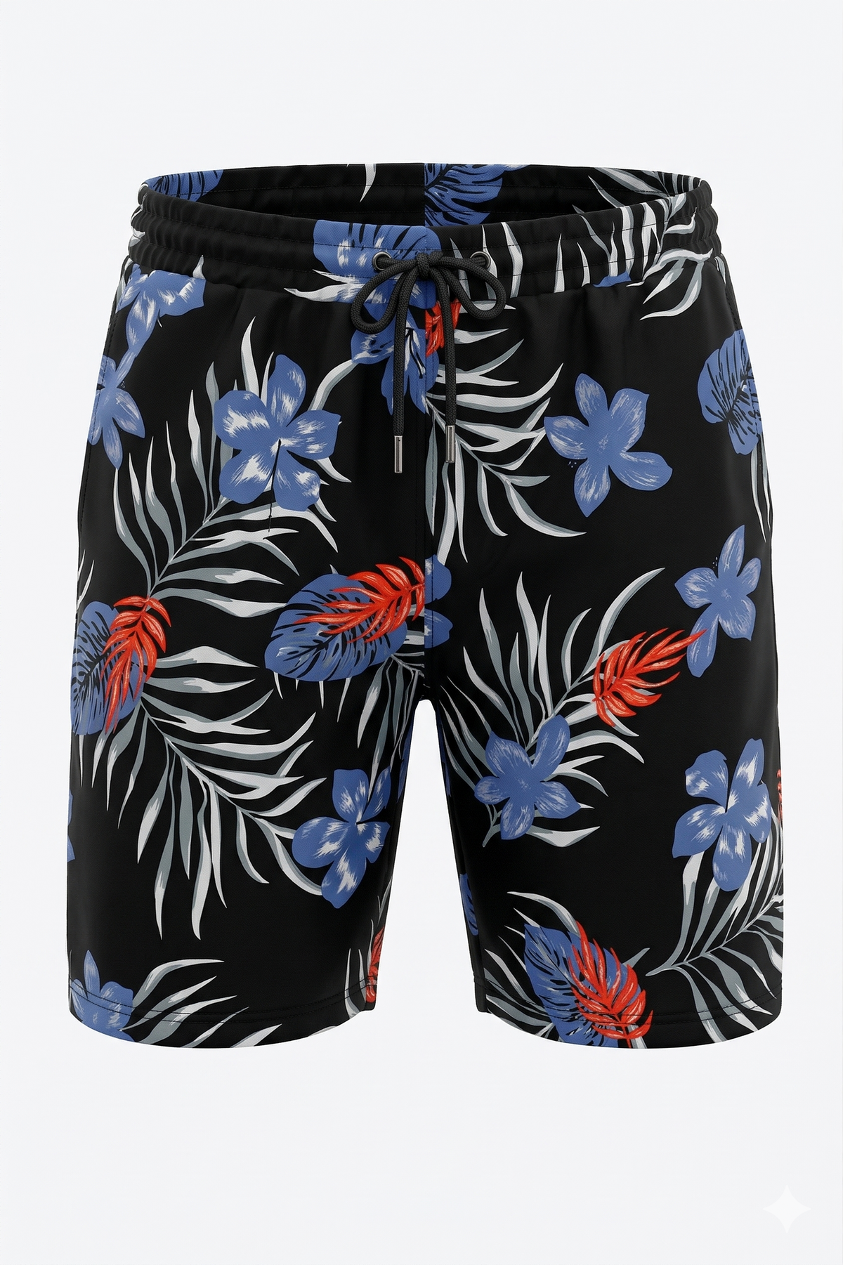 Midnight Foliage: Black Shorts with Blue Leaf Print