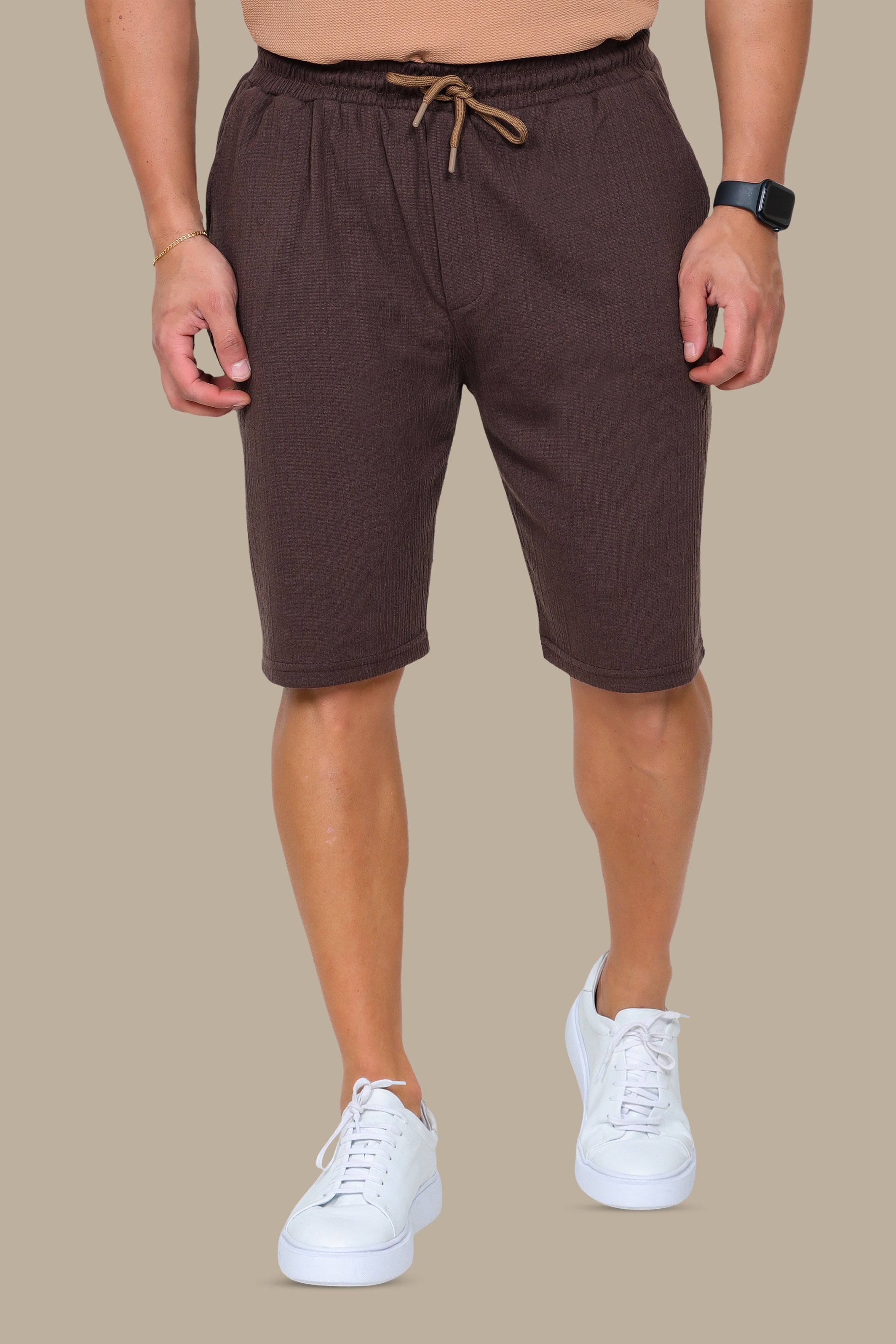 Structured Ribbed Shorts in Petrol Brown