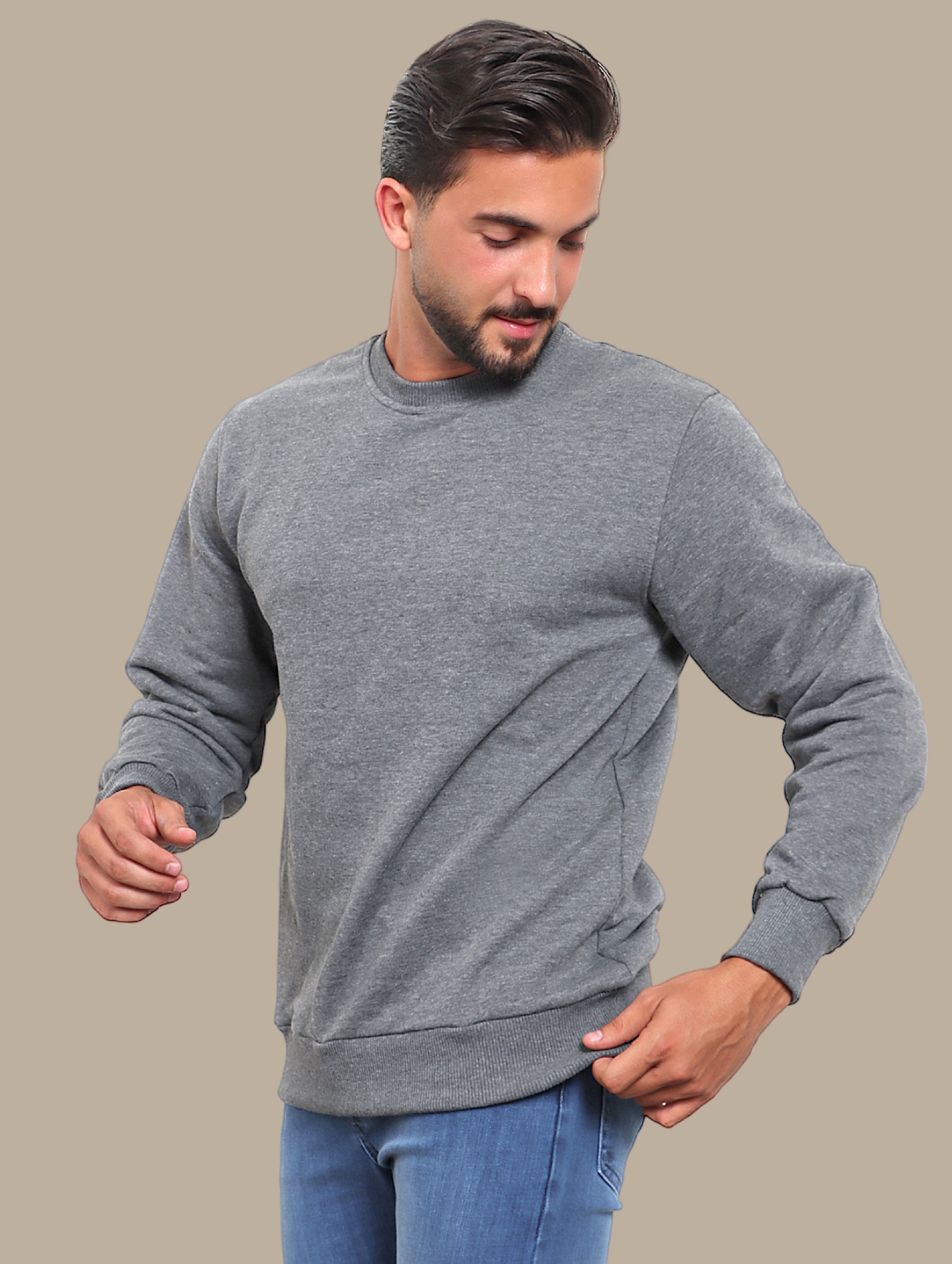 Essential Comfort: Dark Grey Basic Round Neck Sweatshirt