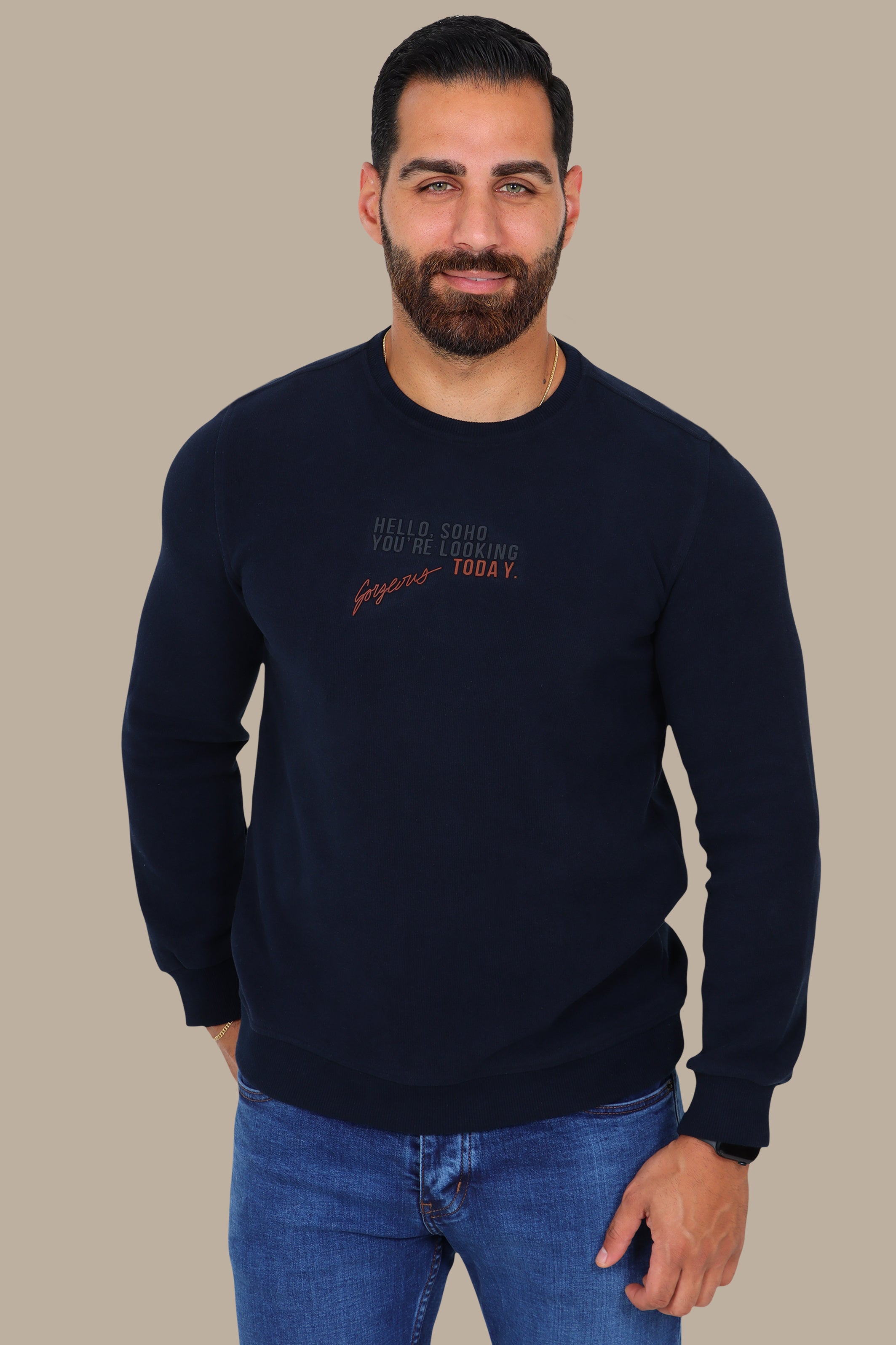 Urban Vibes: Navy Round Neck Sweatshirt with SOHO Print