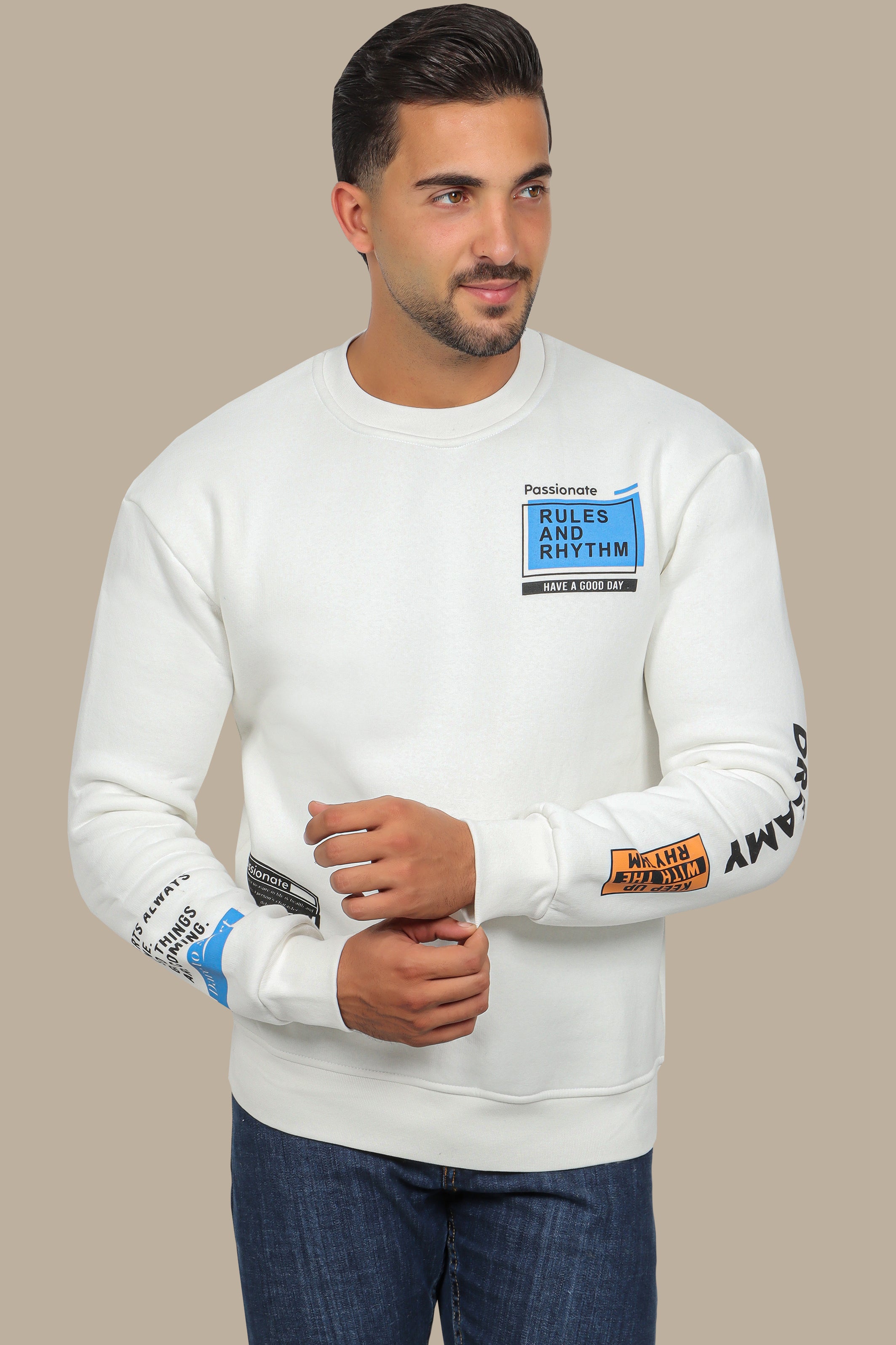 White Sweatshirt with Double Square Quote Design