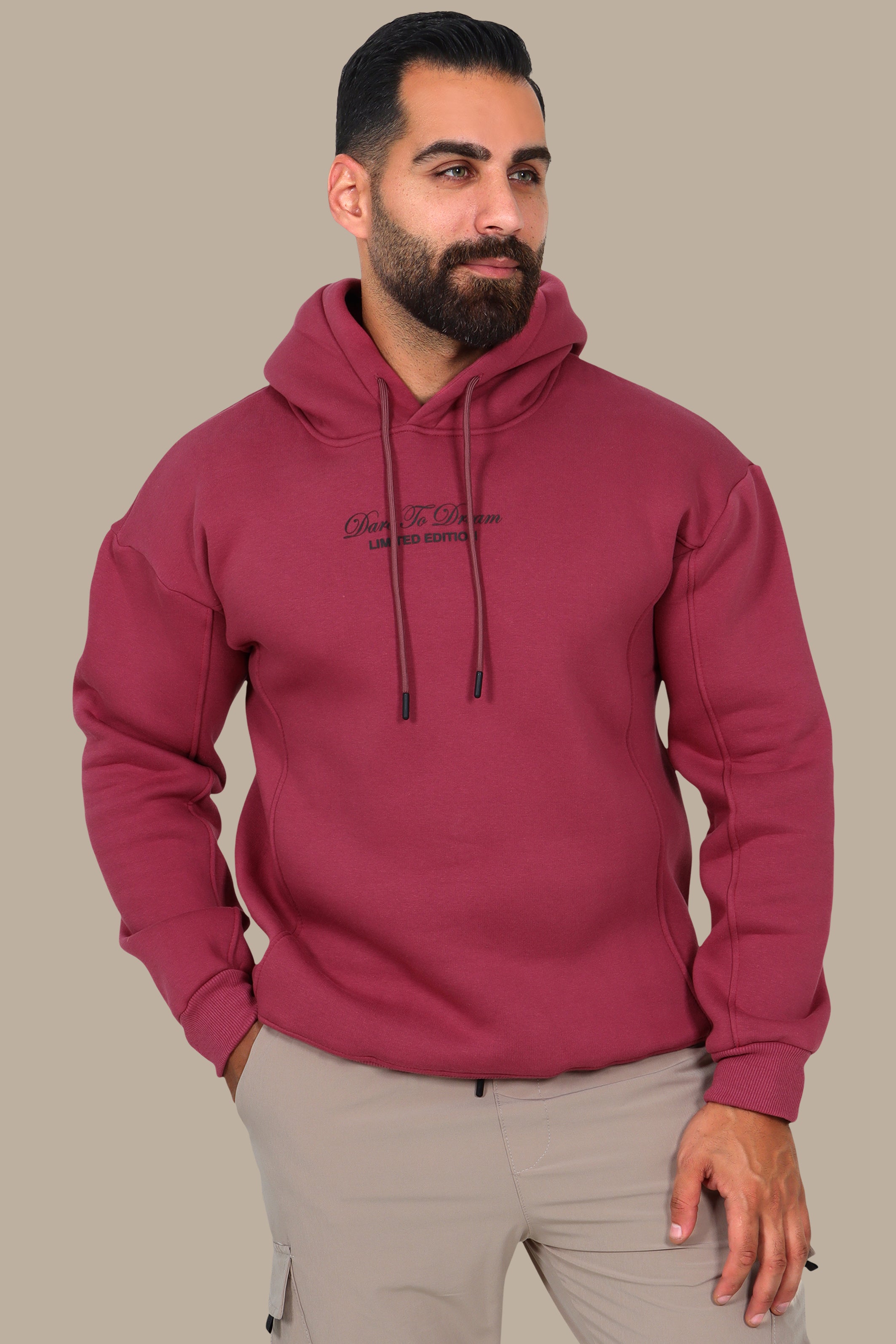 Dreamscape: Oversized Dark Pink Printed Hoodie