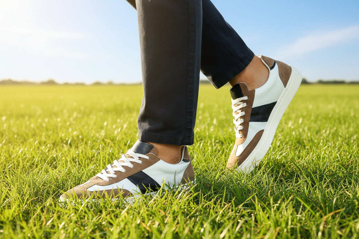 White Retro-Style Trainers with Beige and Navy Patch