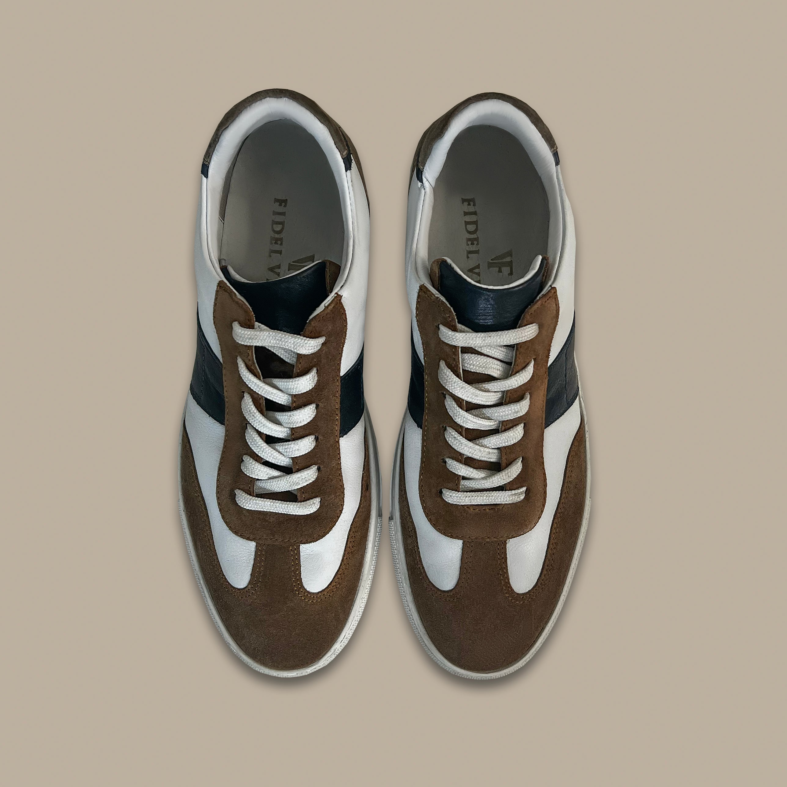 White Retro-Style Trainers with Beige and Navy Patch