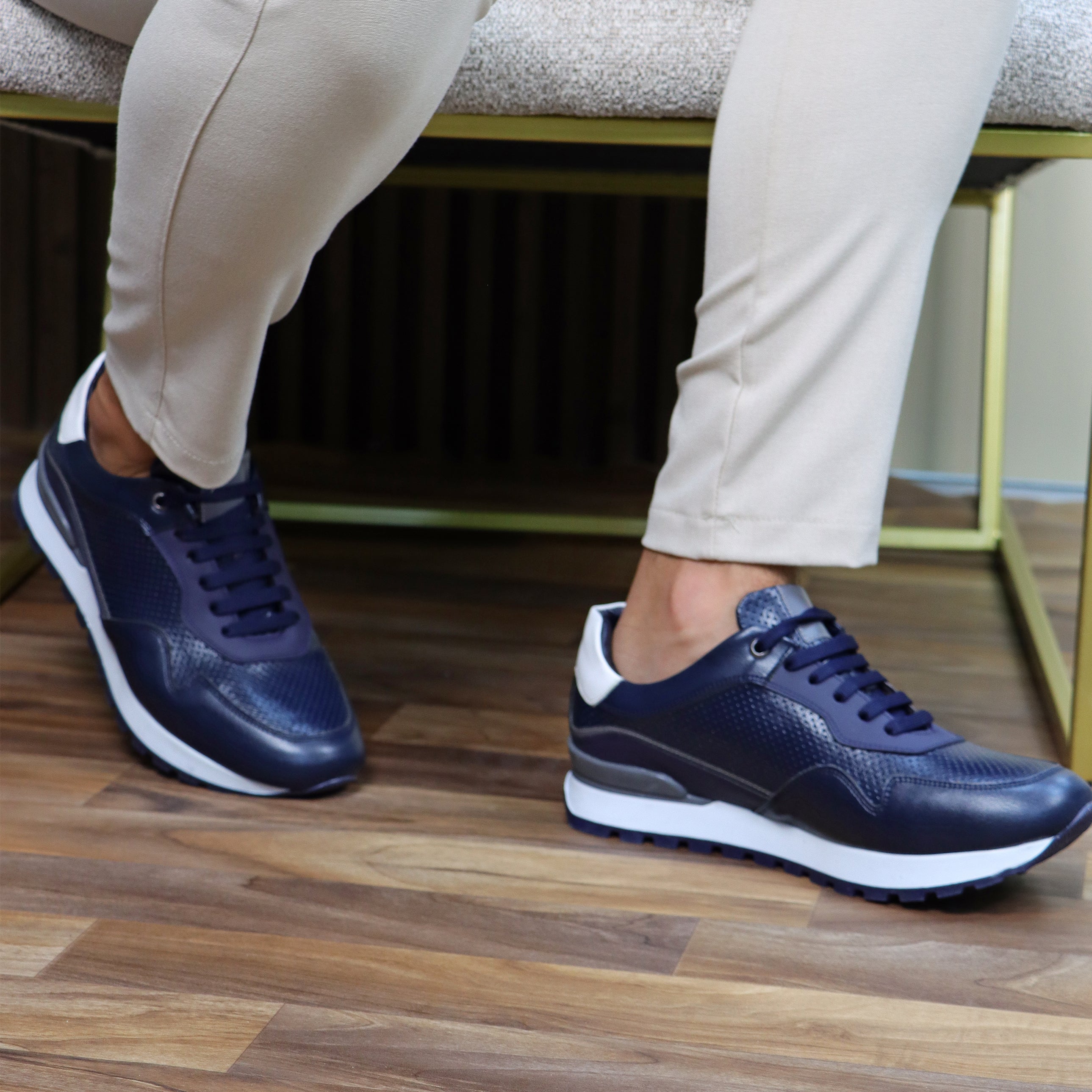 Navy Dotted Leather Casual Trainers