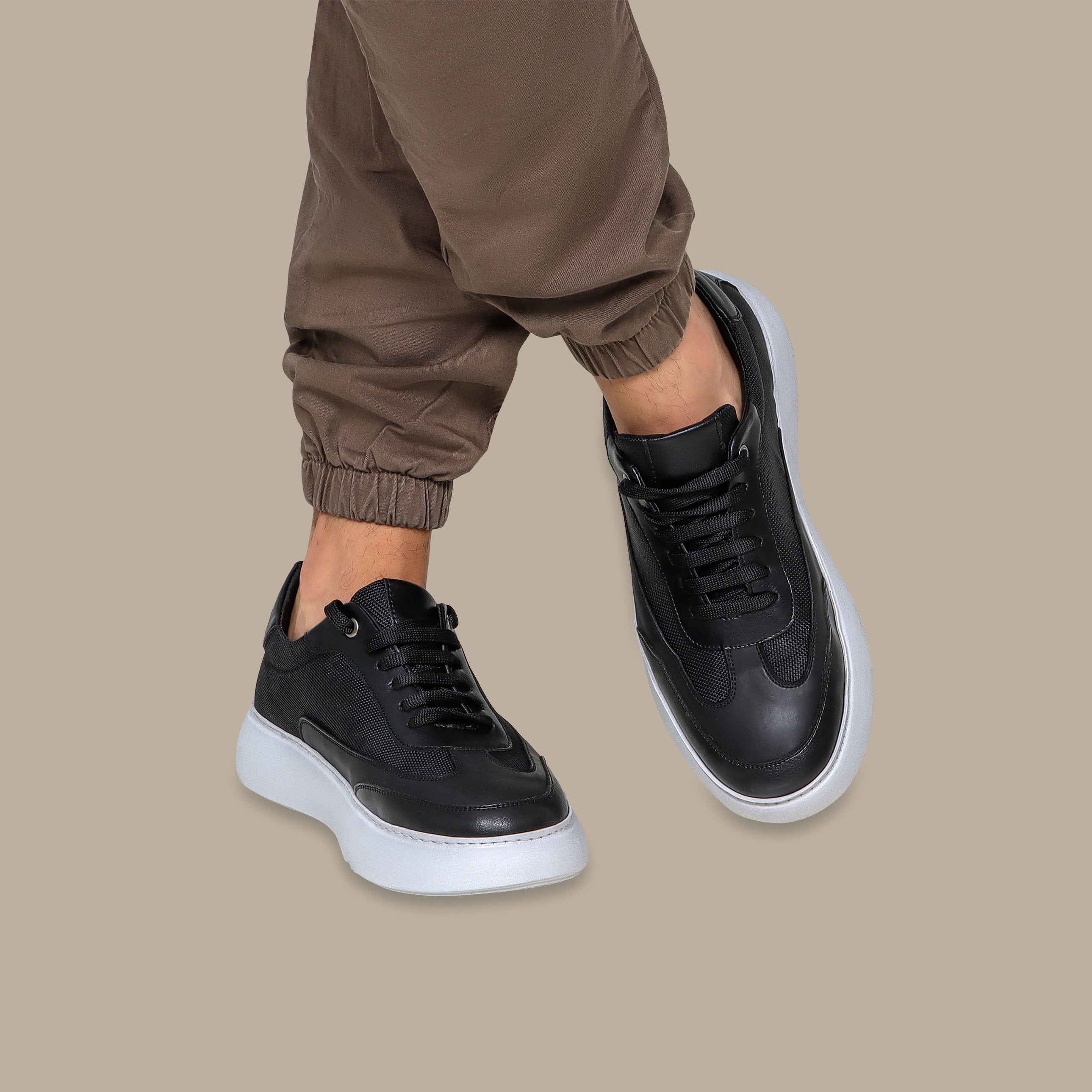 Chunky Black Leather Sneakers with White Sole