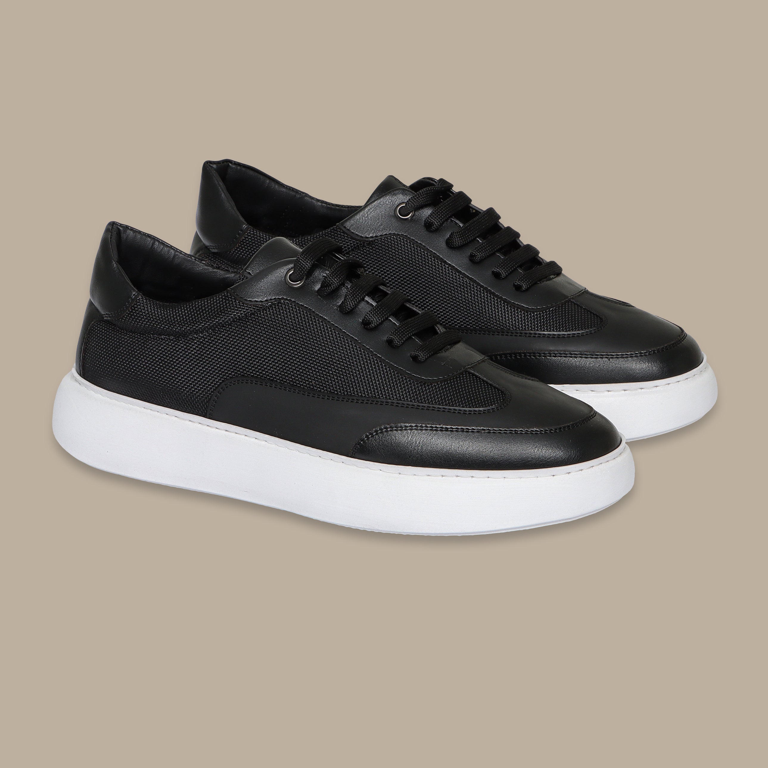 Chunky Black Leather Sneakers with White Sole