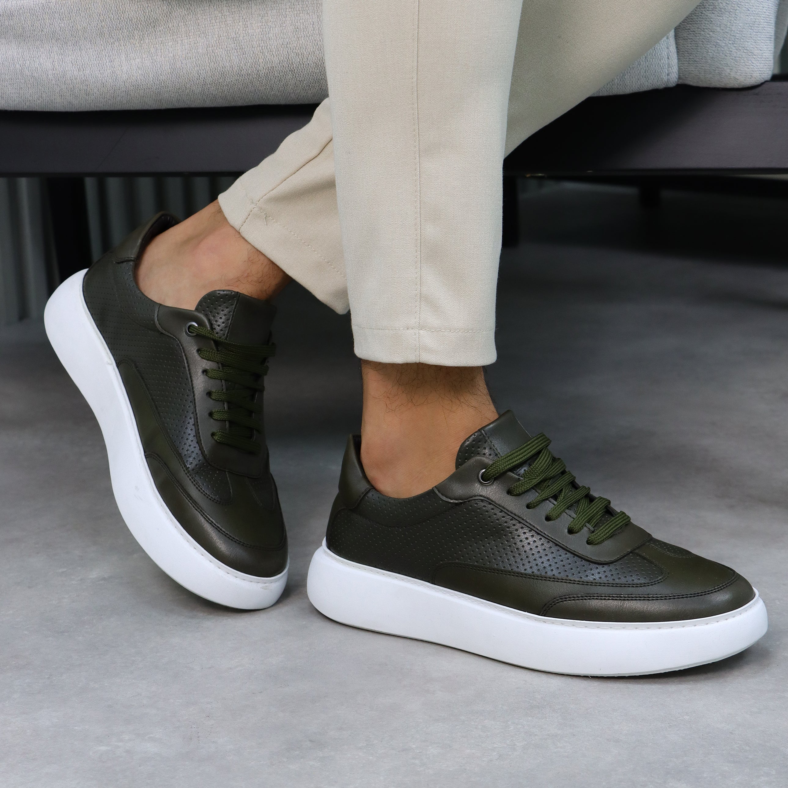 Khaki Dotted Leather Sneakers with White Sole